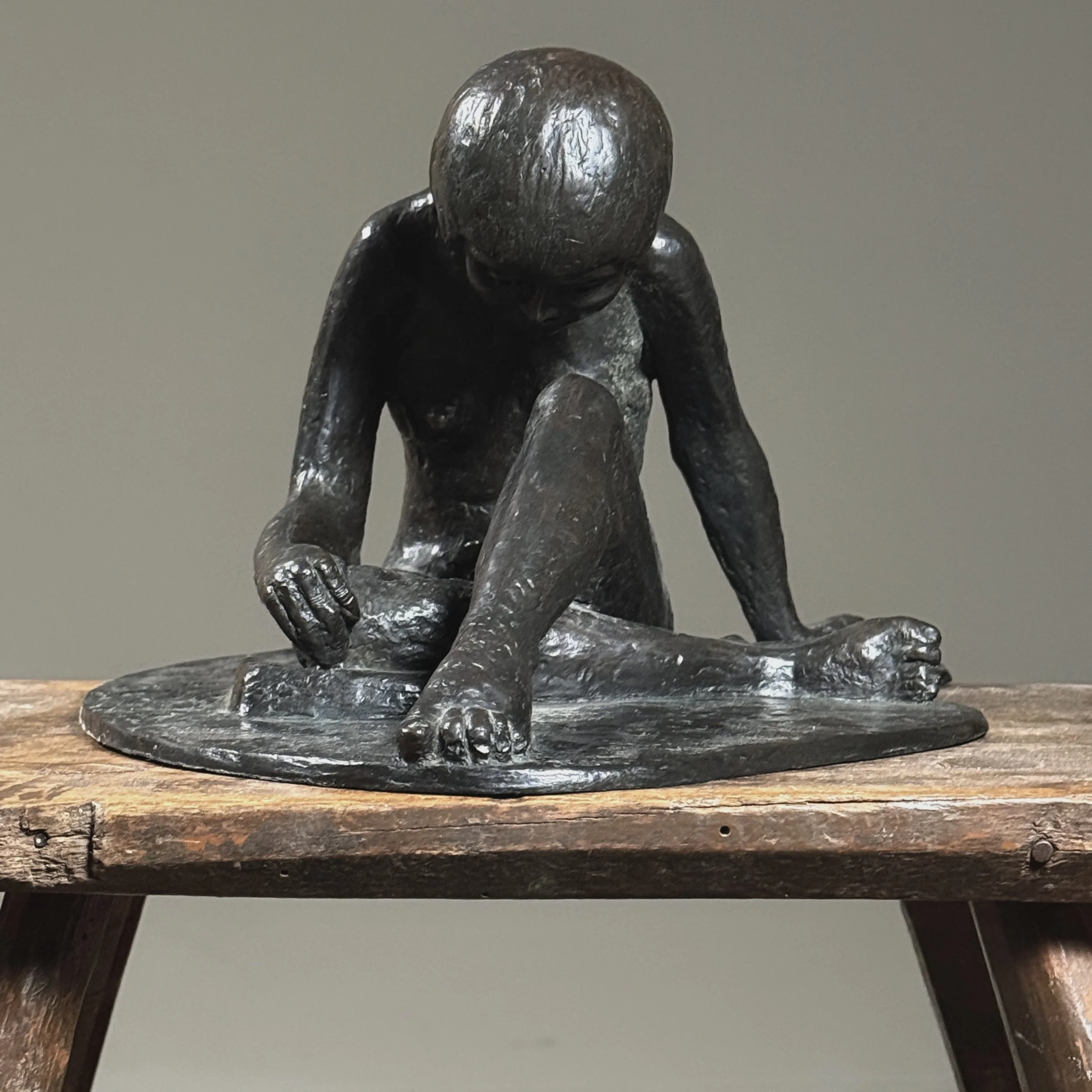 Vintage Expressionist bronze sculpture by Alma Helbig Hobson. Seated nude woman. 1993.