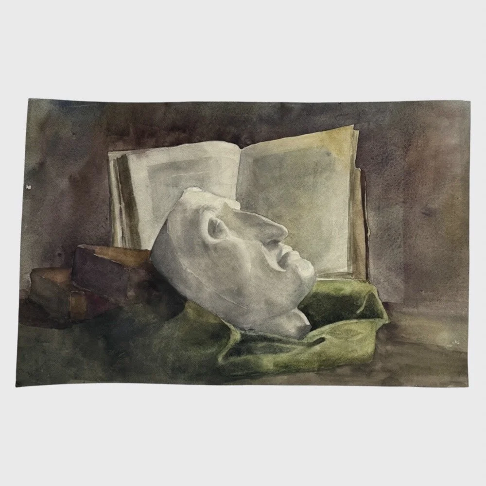 Antique French Still Life with Death Mask and Books (Watercolor on Paper)