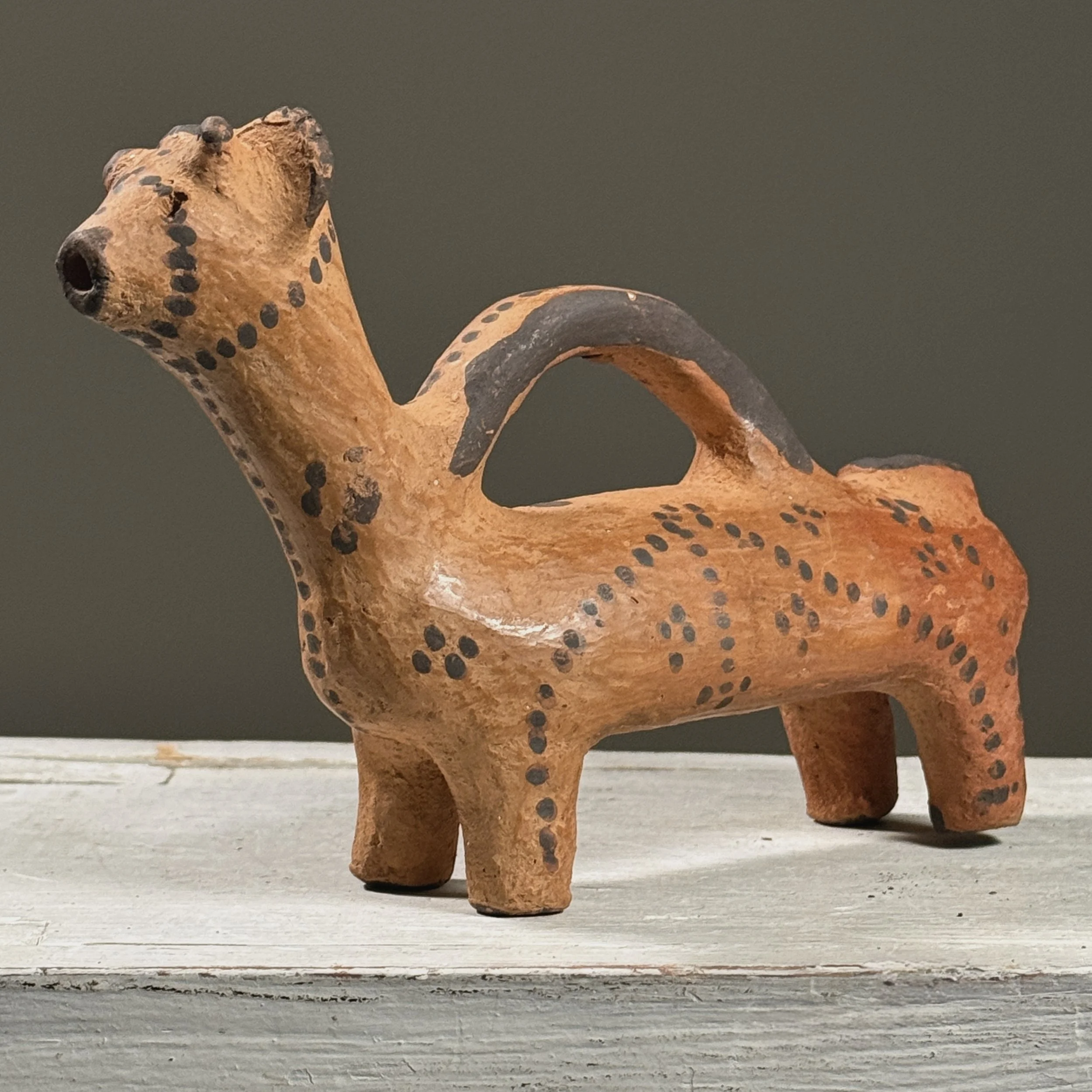 Vintage Persian folk art polychrome terracotta zoomorphic askos. 9 inches width by 5.5 inches height by 2.25 inches depth.