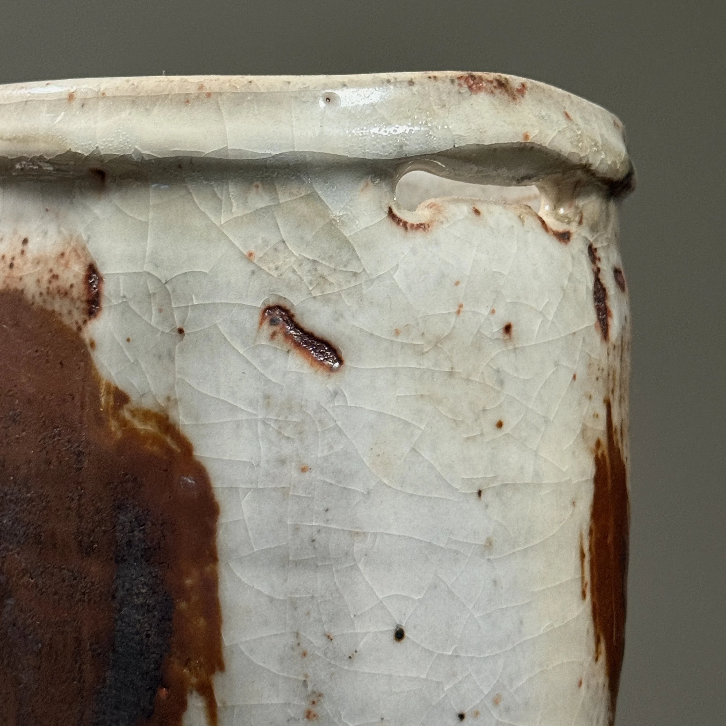 Close-up of Shino crackle glaze. Fine crackle pattern throughout surface.