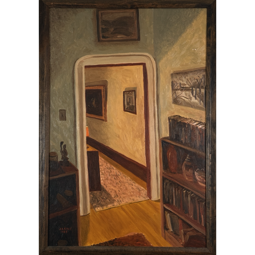 Expressionist interior painting, dimly lit room, lamp and bookshelf, J.D. Sine
