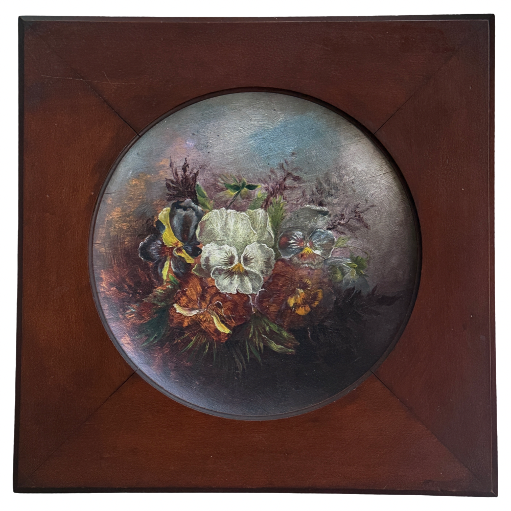 Antique 19th century French floral still life. Pansies. Oil on concave board. 13 by 13 inches.