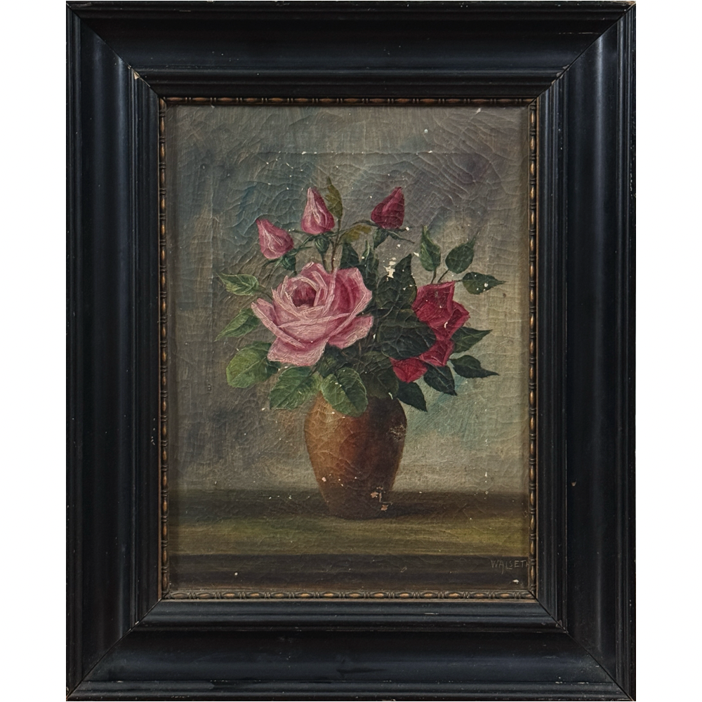 Oil on canvas Danish Victorian still life with roses in vases, signed Walseth lower right