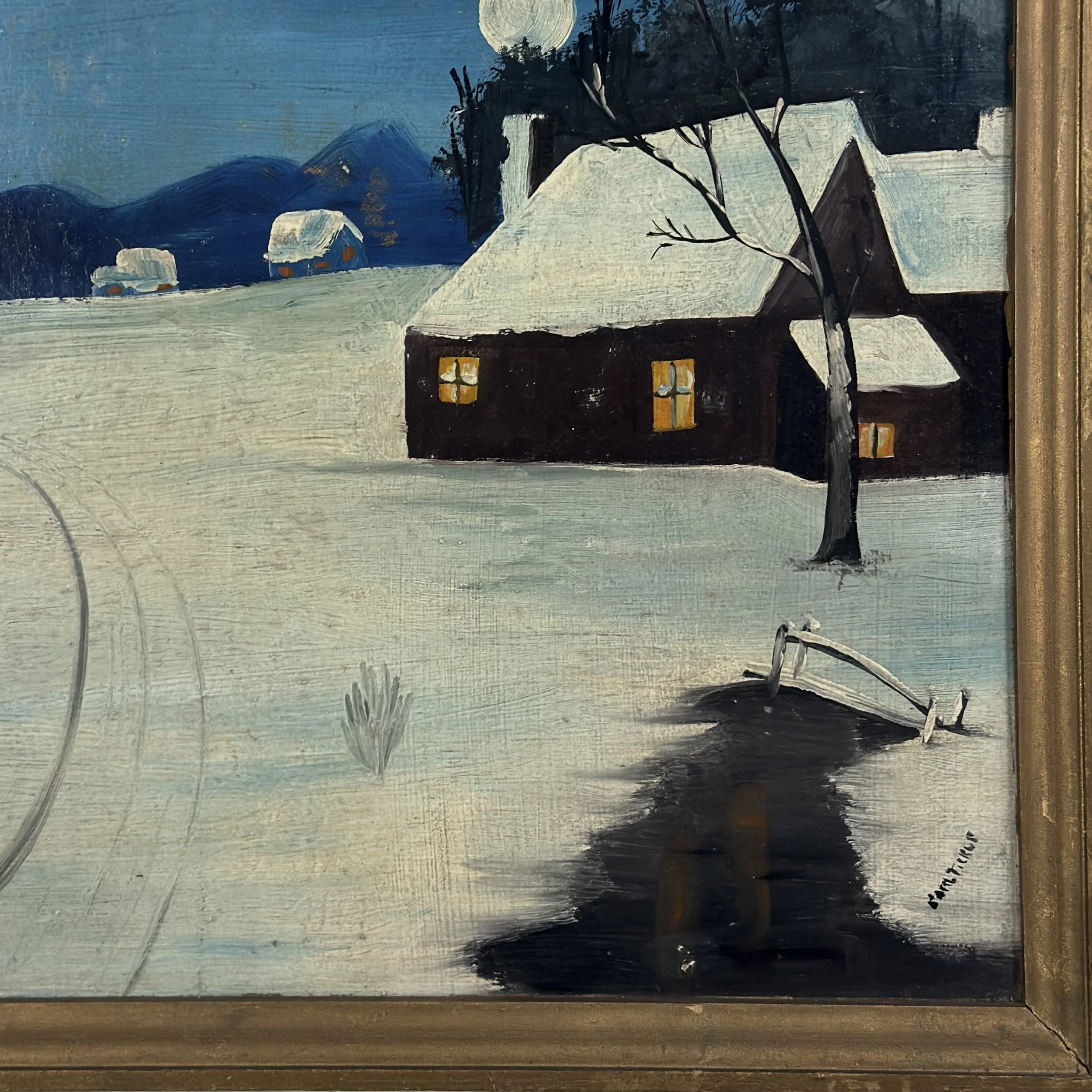 Deep blue sky detail, folk art winter nocturne painting