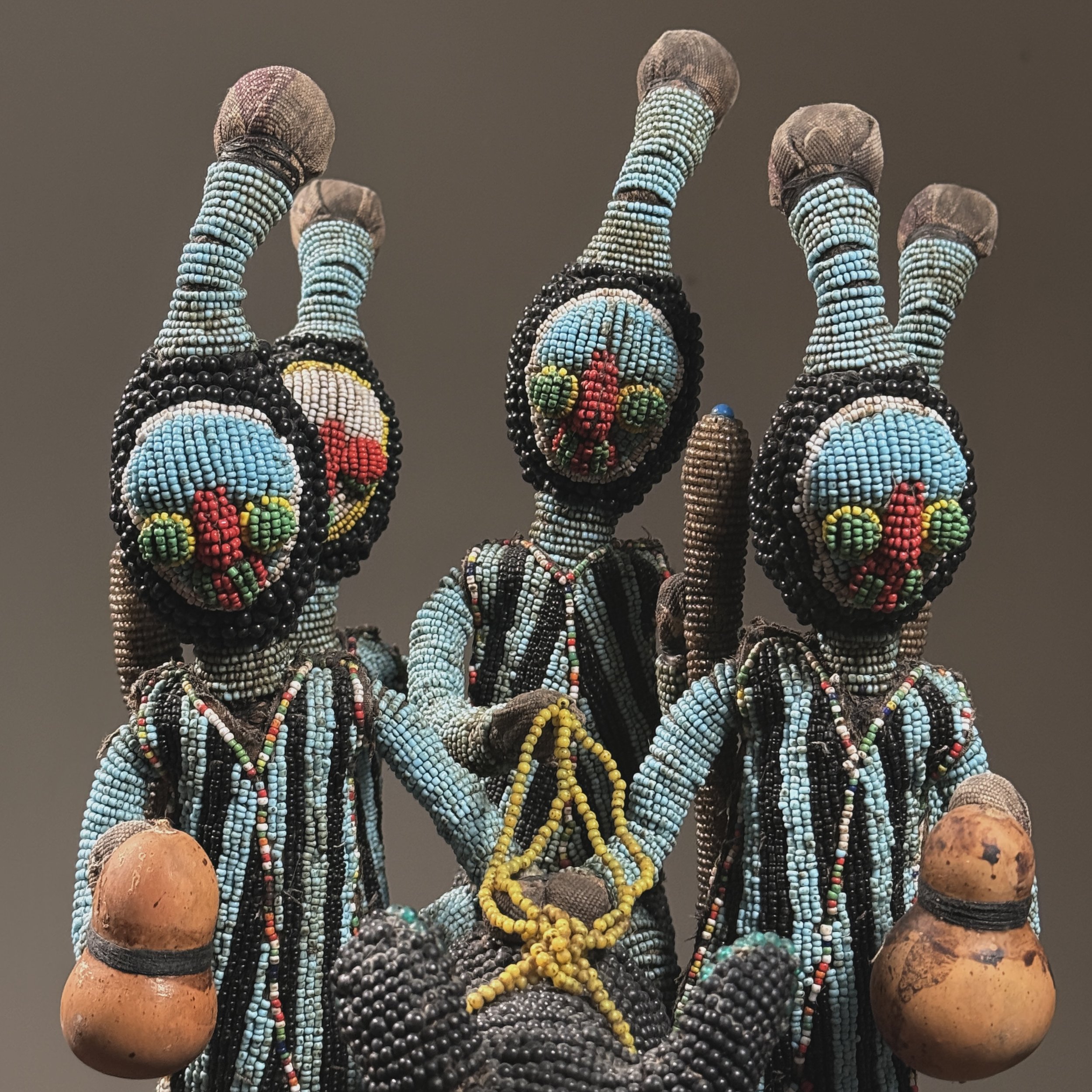 Close-up detail of the central equestrian motif on a Yoruba ceremonial headdress