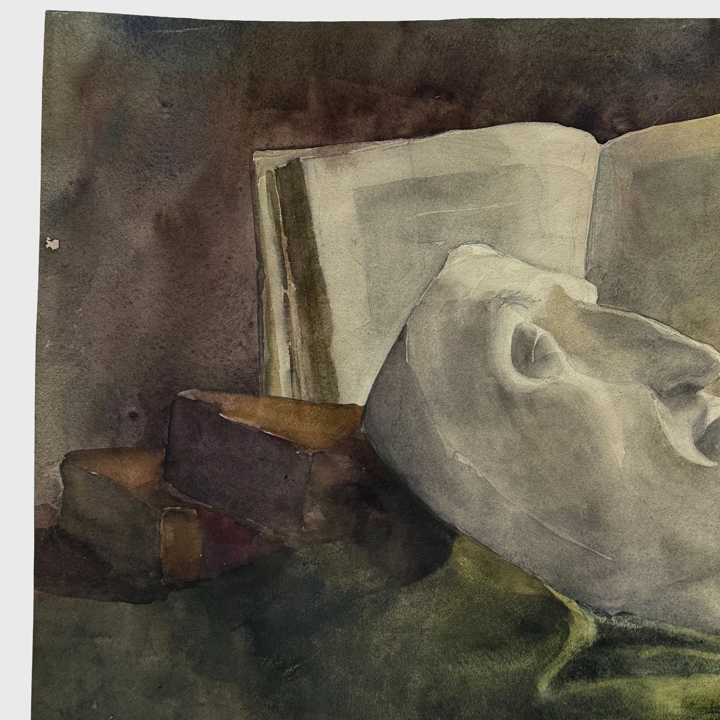 Death mask and books still life painting