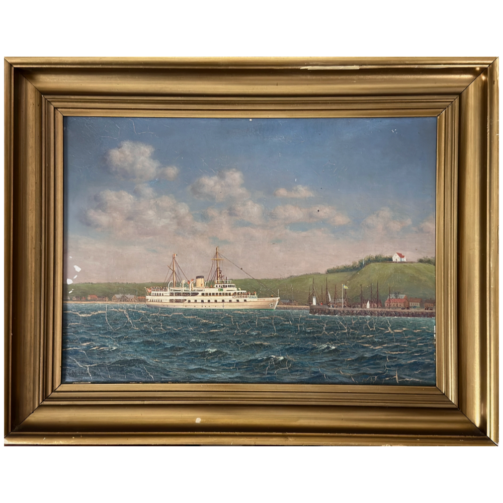 Oil on canvas antique Swedish Folk Art seascape with boat and harbor, signed lower left