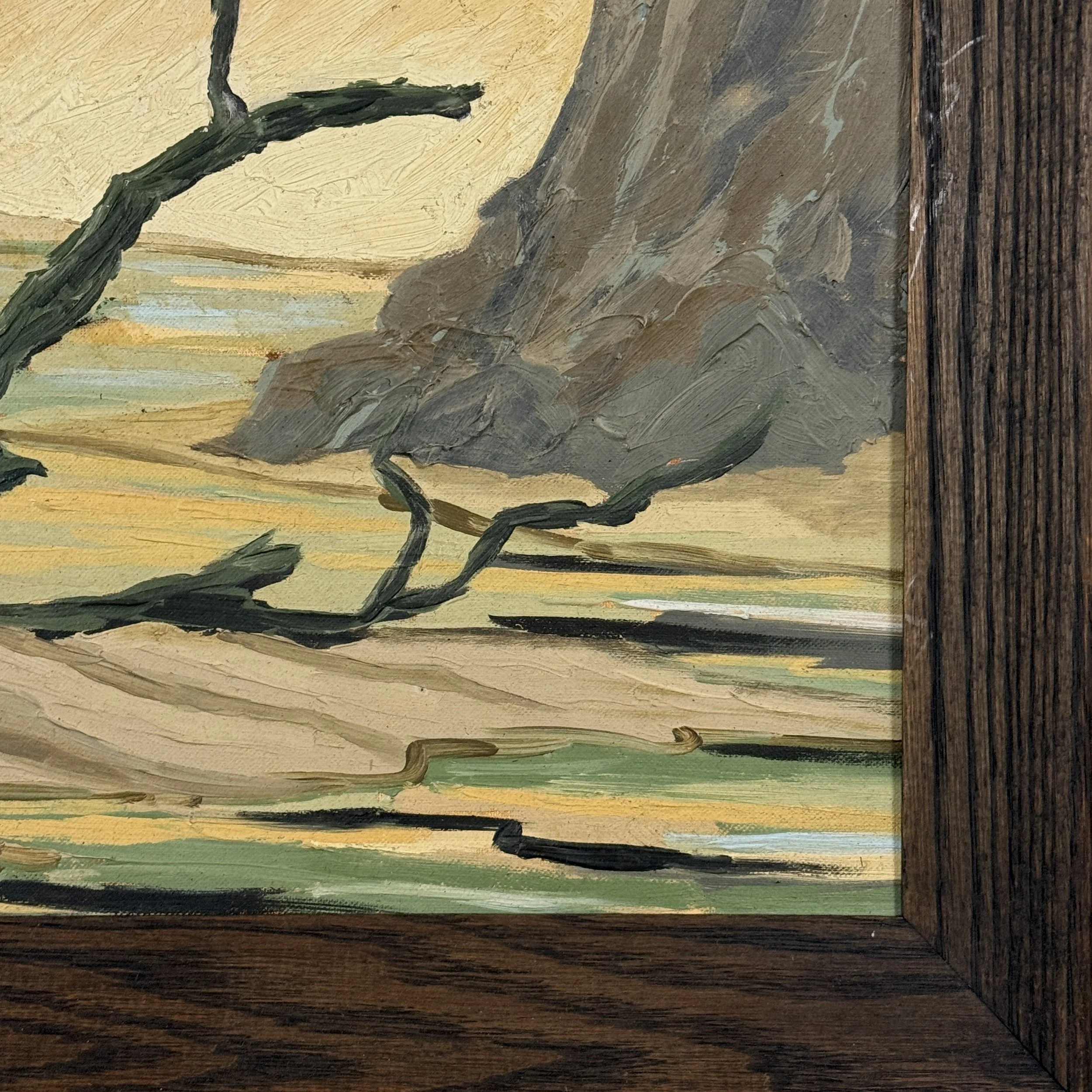 Detail of Vintage Expressionist desolate landscape with dead tree and red house, signed