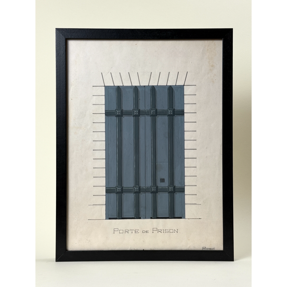 Antique gouache study "Porte de Prison" from Paris. Signed Renaud. 16.9 inches high by 12.9 inches wide.