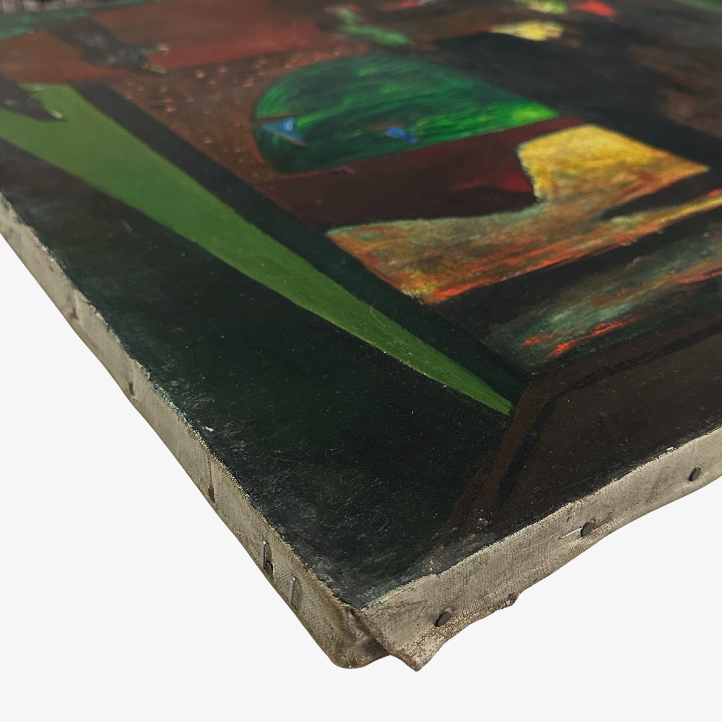 Detail showing paint losses along the edge of the canvas.