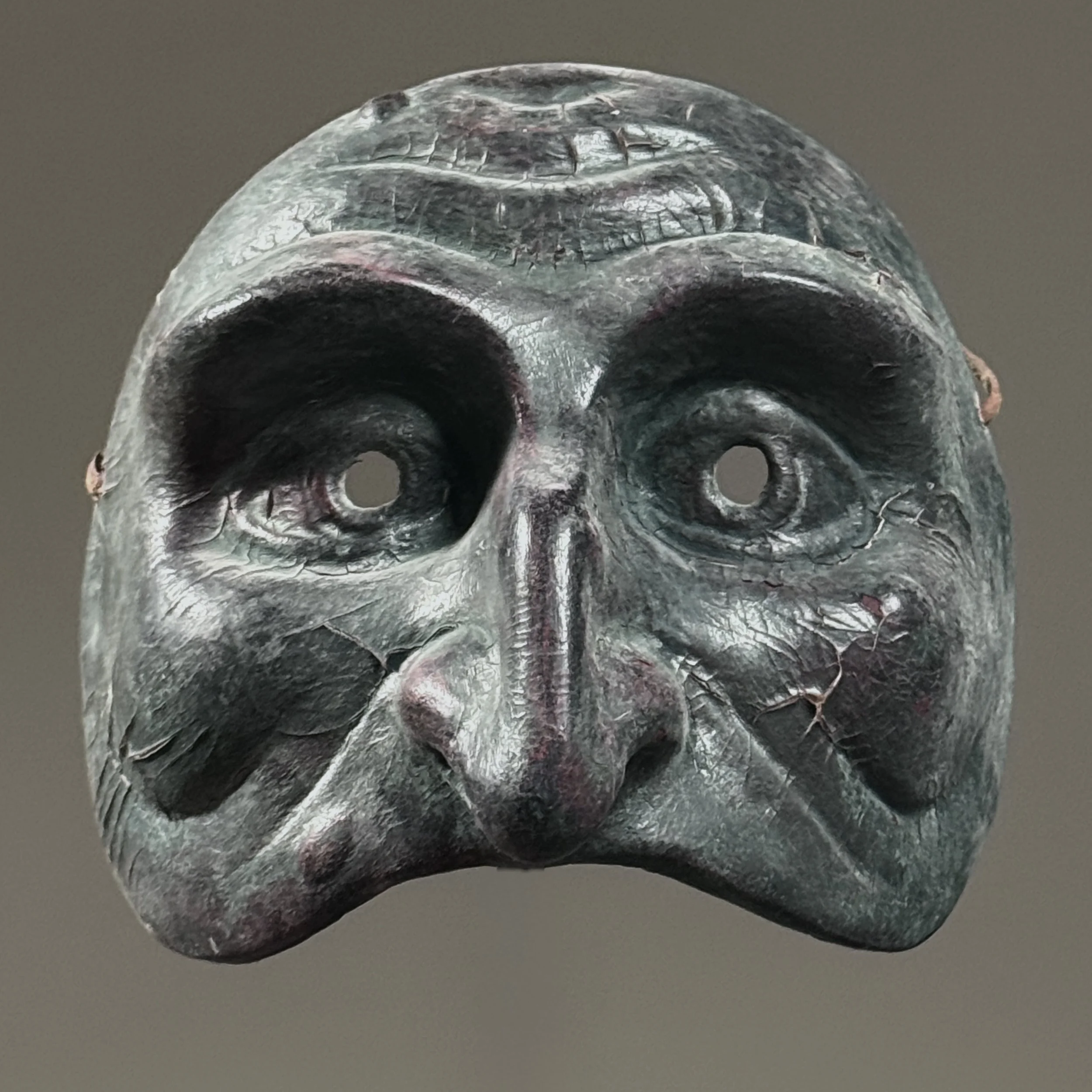 Vintage green hand made Commedia Pulcinella mask. Modernist reinterpretation. 7 inches high by 7.5 inches wide by 6.25 inches deep.