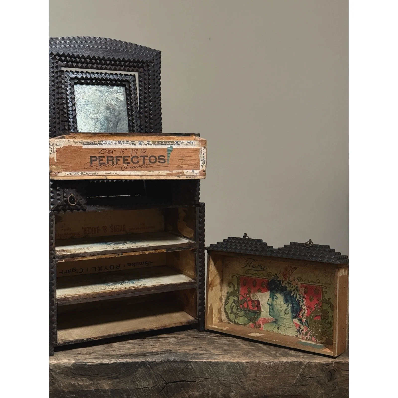 Tramp art dresser original cigar box labels inside drawers