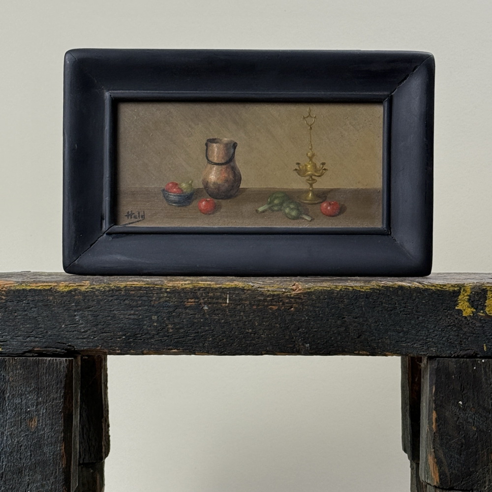 Antique realist still life. Copper vessel and vegetables. Oil on board. 9.75 by 6 inches framed.