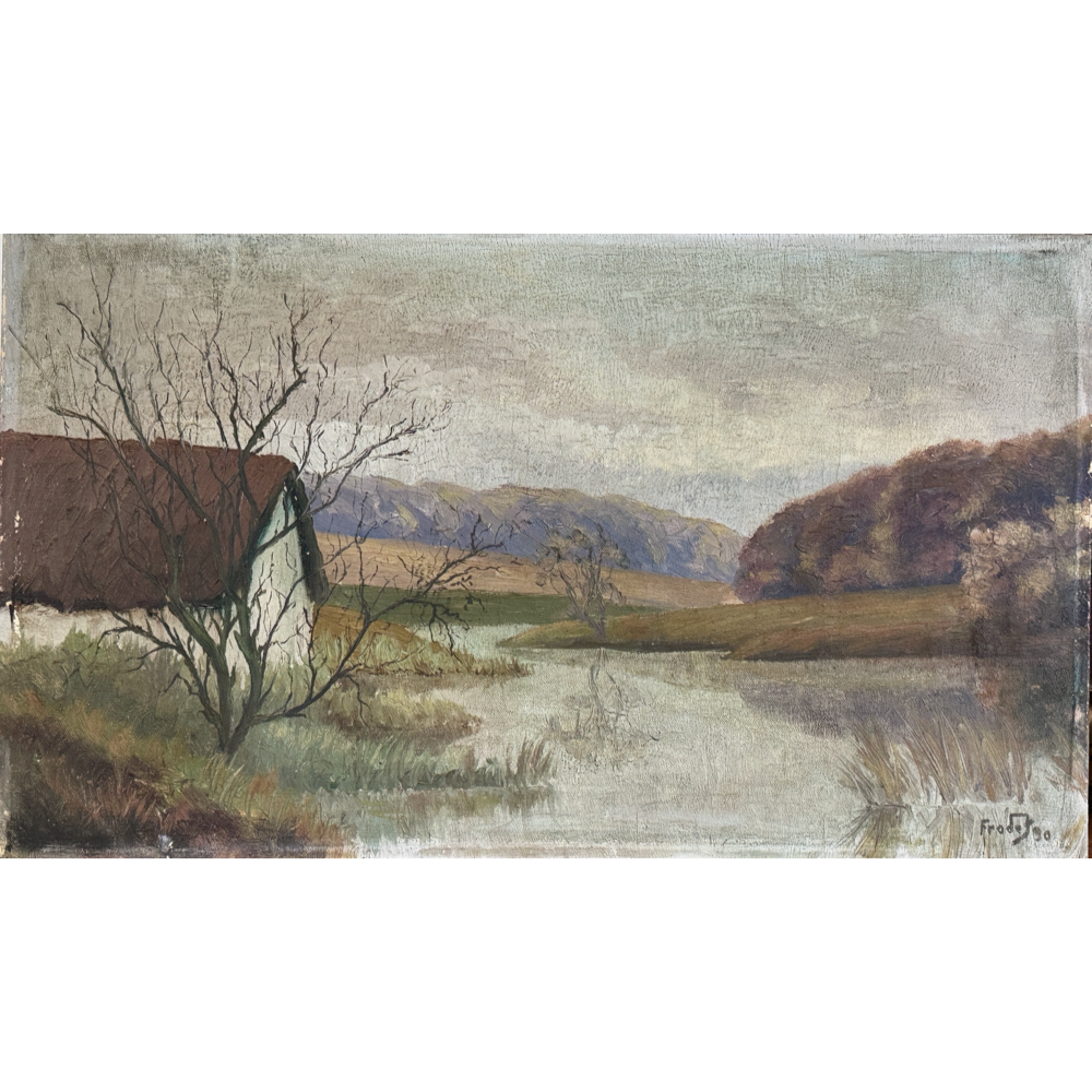 Antique Danish Expressionist winter landscape oil painting cottage river 1930