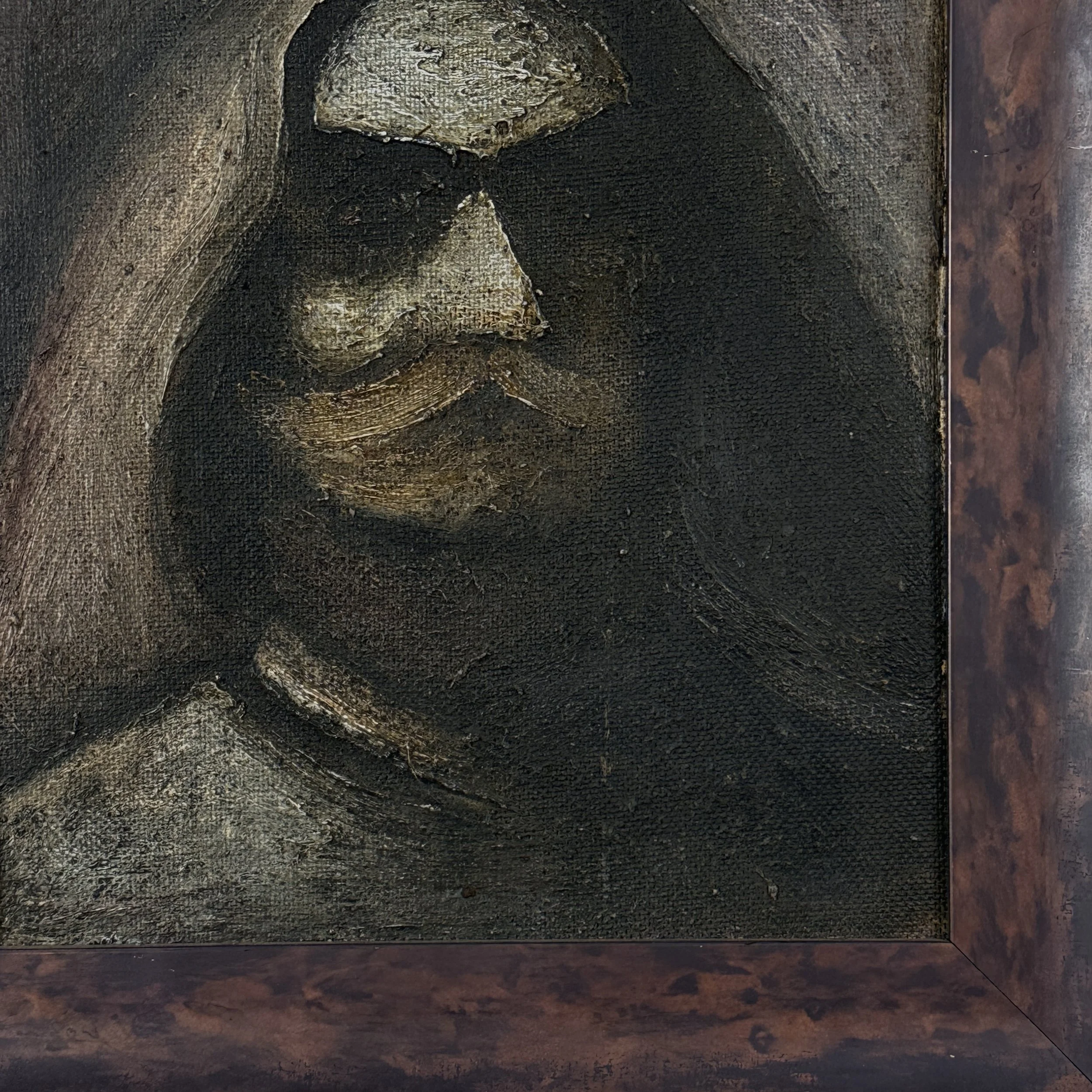 Vintage dark folk art impasto portrait of bearded man, oil on canvas