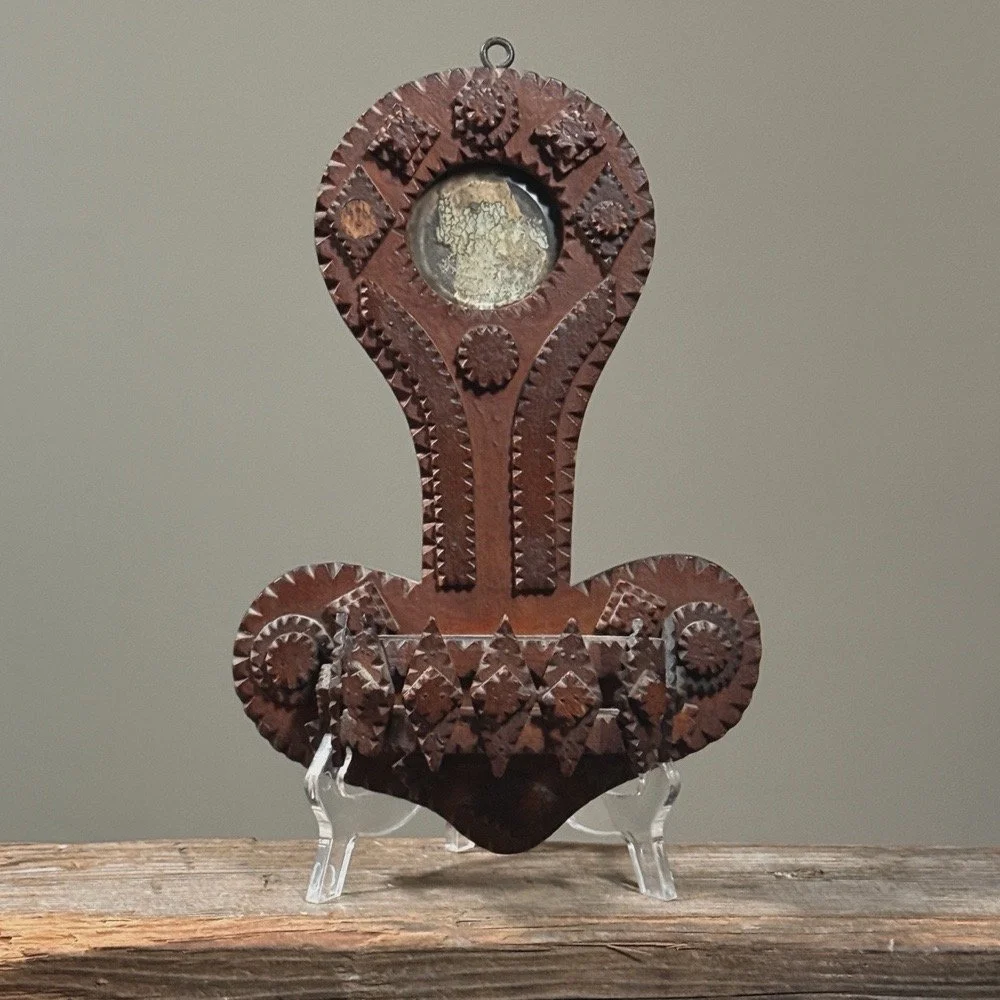 Antique Tramp Art hand carved wall pocket with mirror