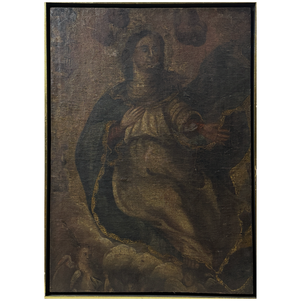 Antique 19th century oil painting. Assumption of the Virgin Mary with angels. 24.5 by 17.75 inches.