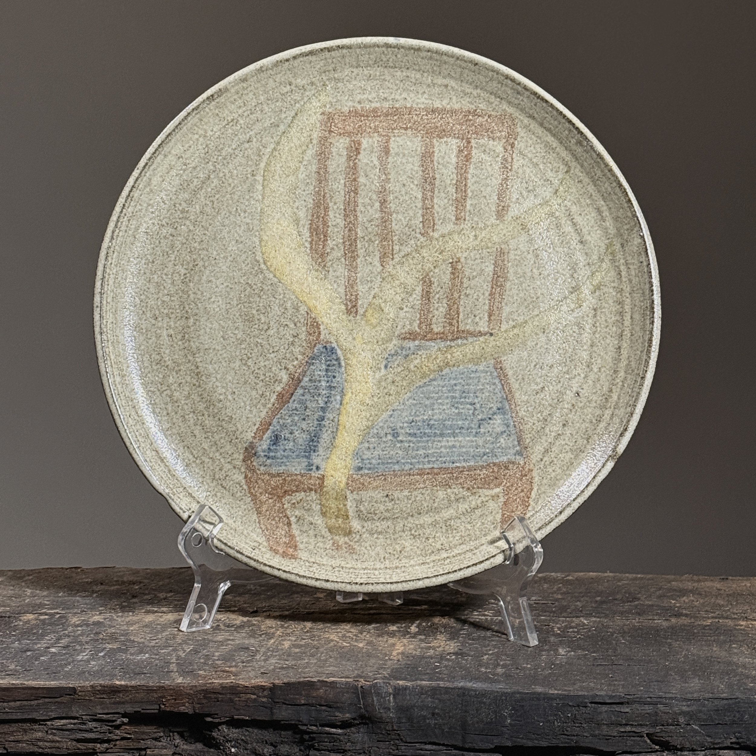 Vintage Expressionist Art Plate with Chair and Tree by Raymonde Desabres, Signed (c. 1970)