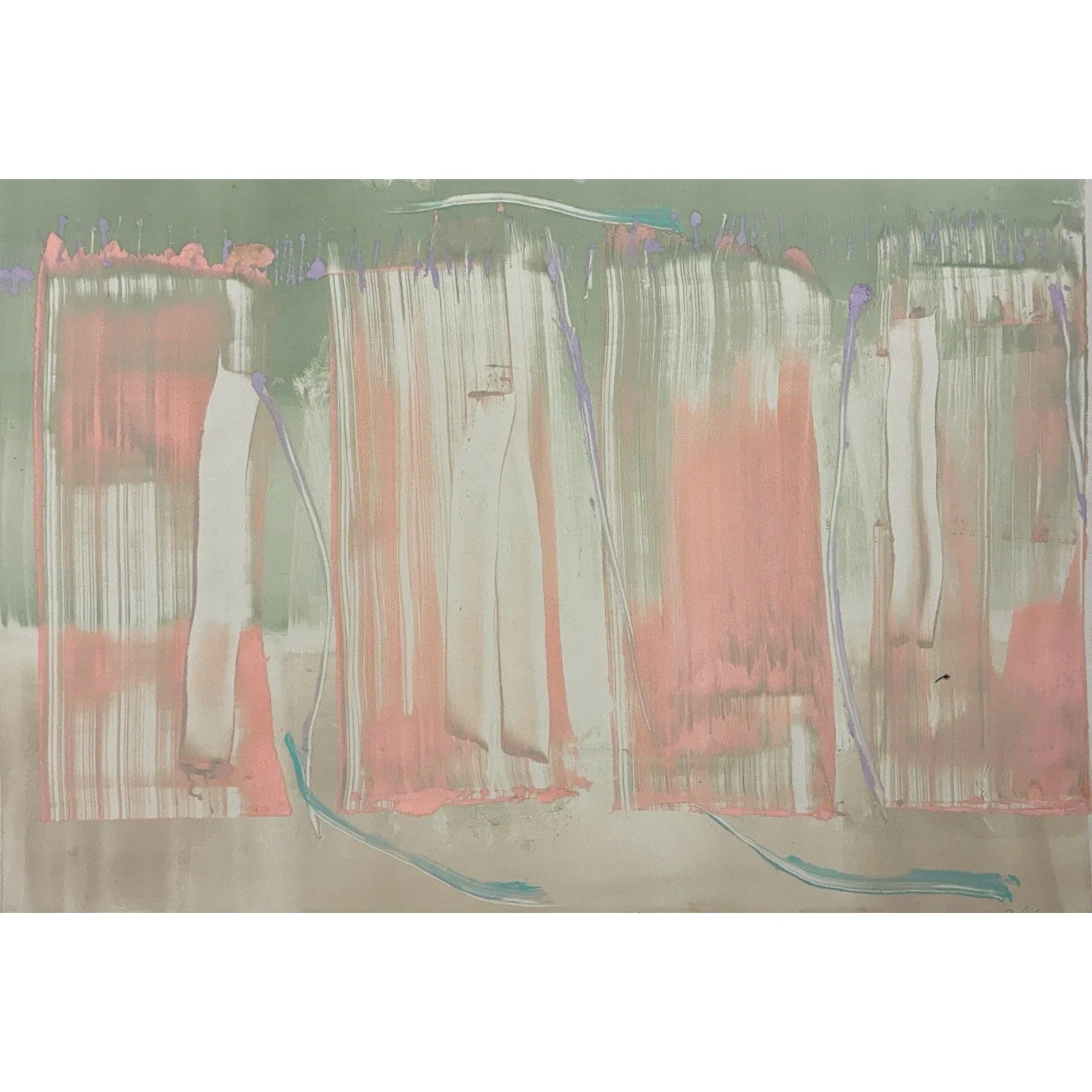 Vintage Abstract Expressionist Mixed Media Pink Monoprint