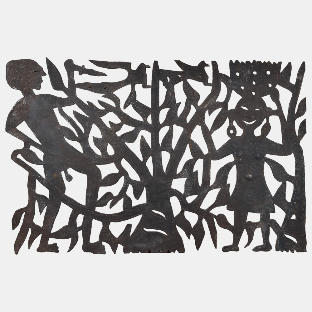 Vintage Haitian folk art cut metal sculpture of two figures and a tree, signed Gelot