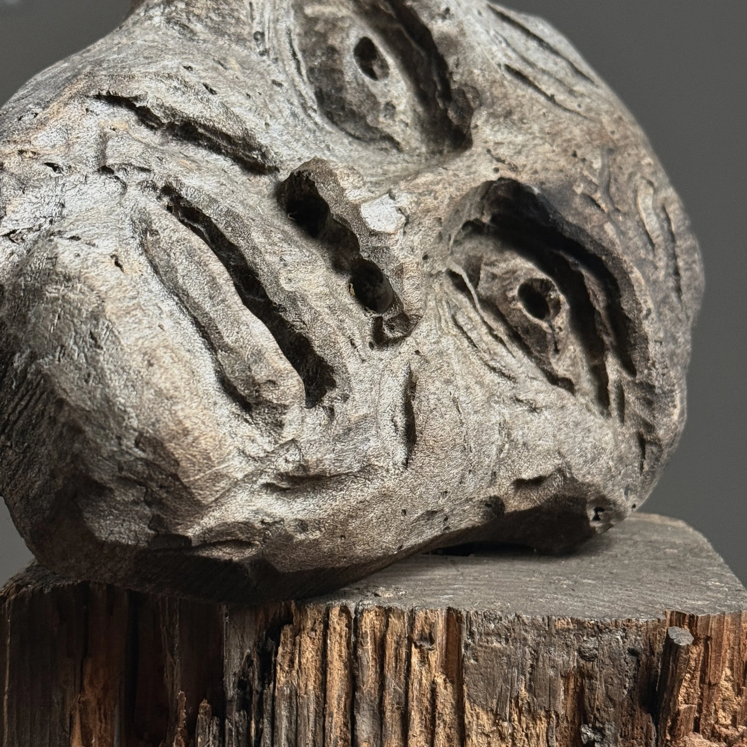 Grey washed patina detail, folk art wood sculpture