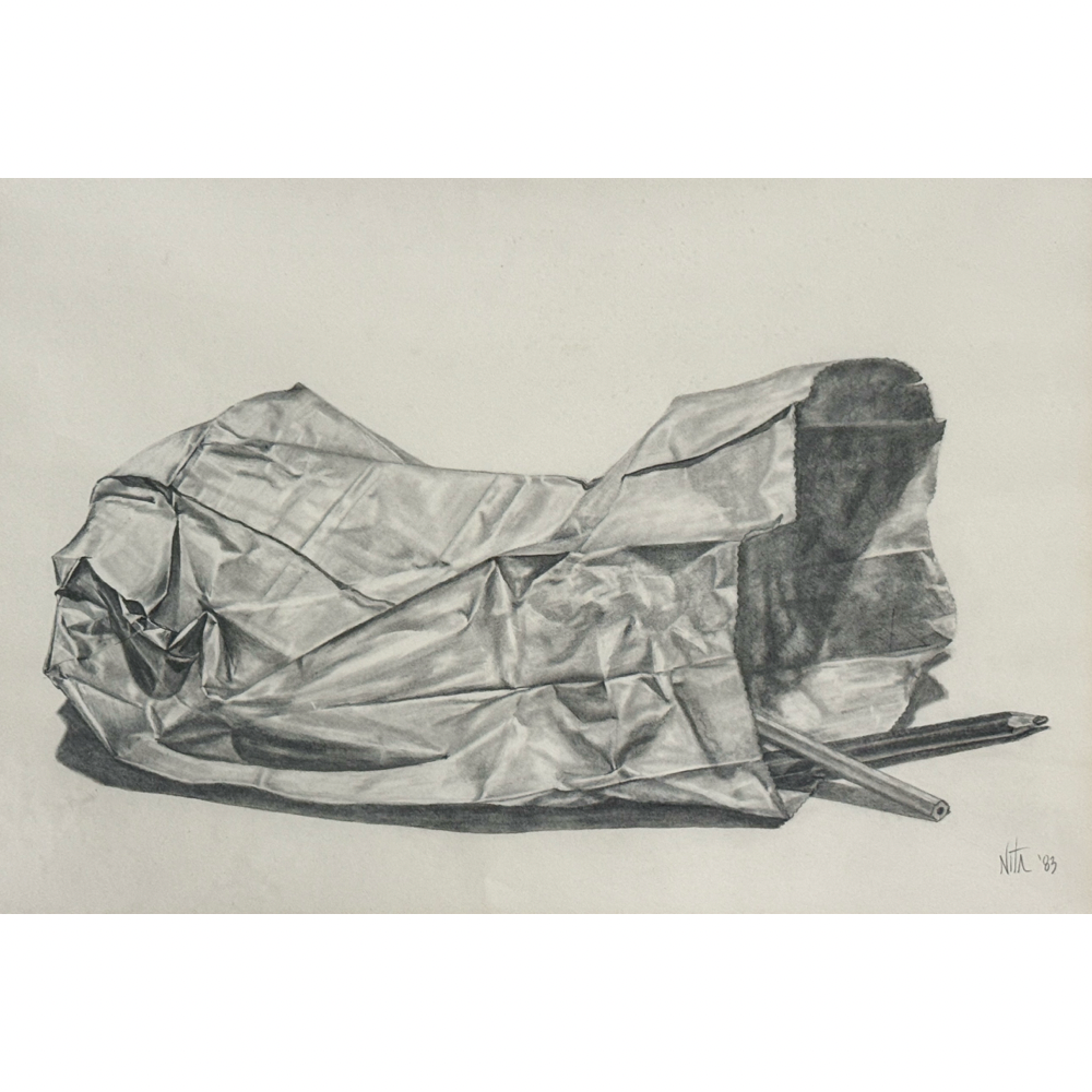 Vintage Hyperrealist drawing of a paper bag and pencils, signed