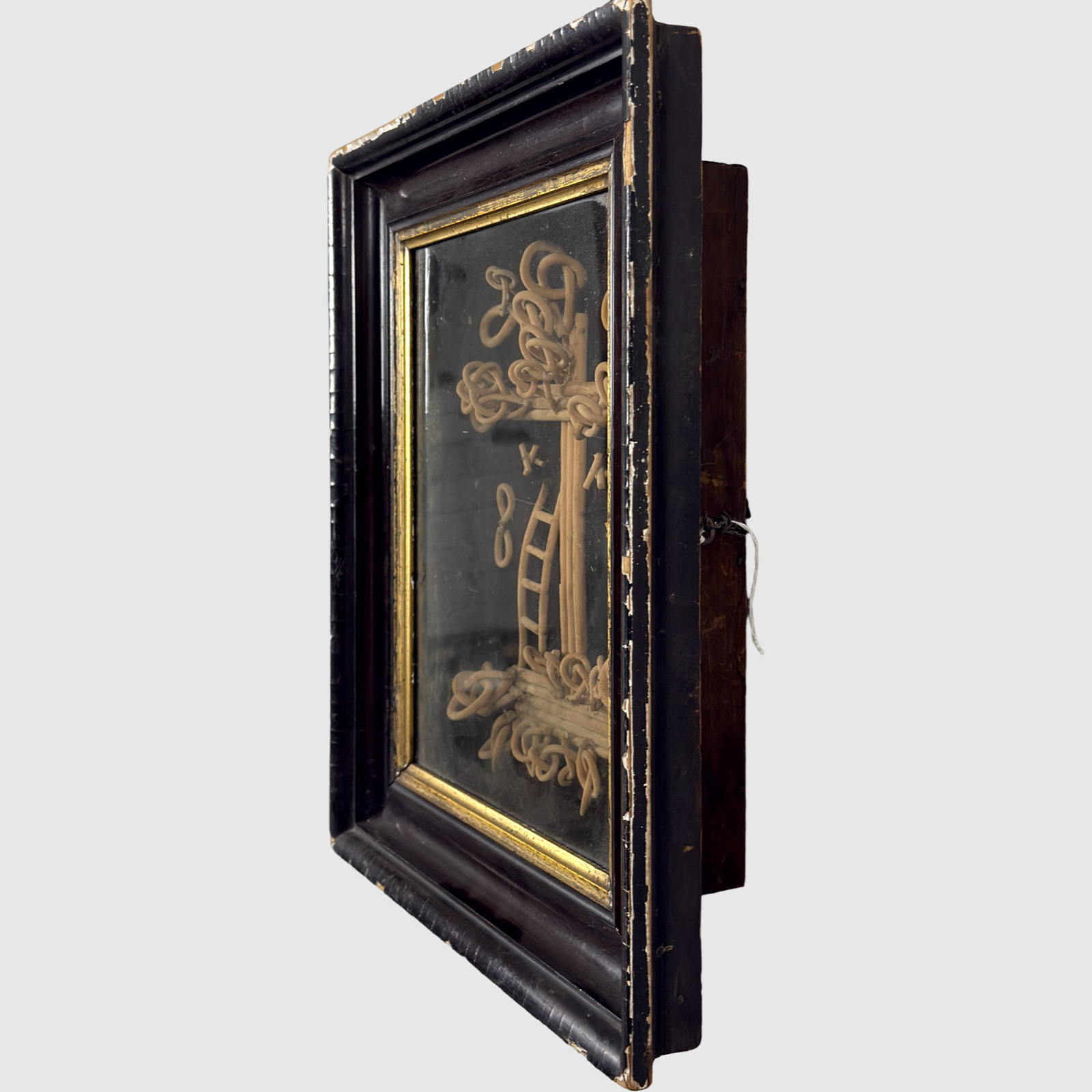 Antique folk art bentwood crucifix diorama shadowbox, framed