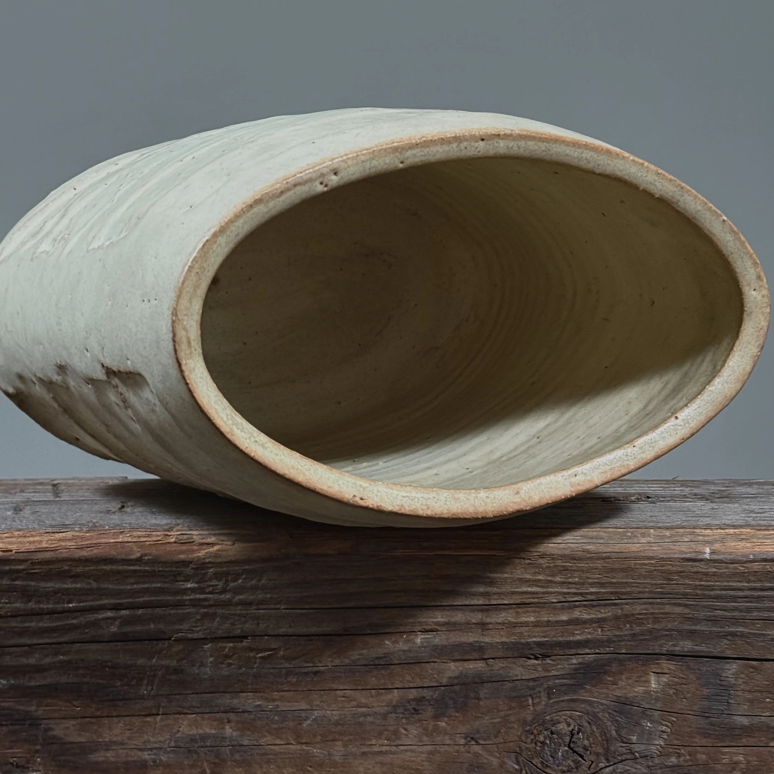 Vintage Modernist Japanese oval Shino glazed stoneware vase, signed