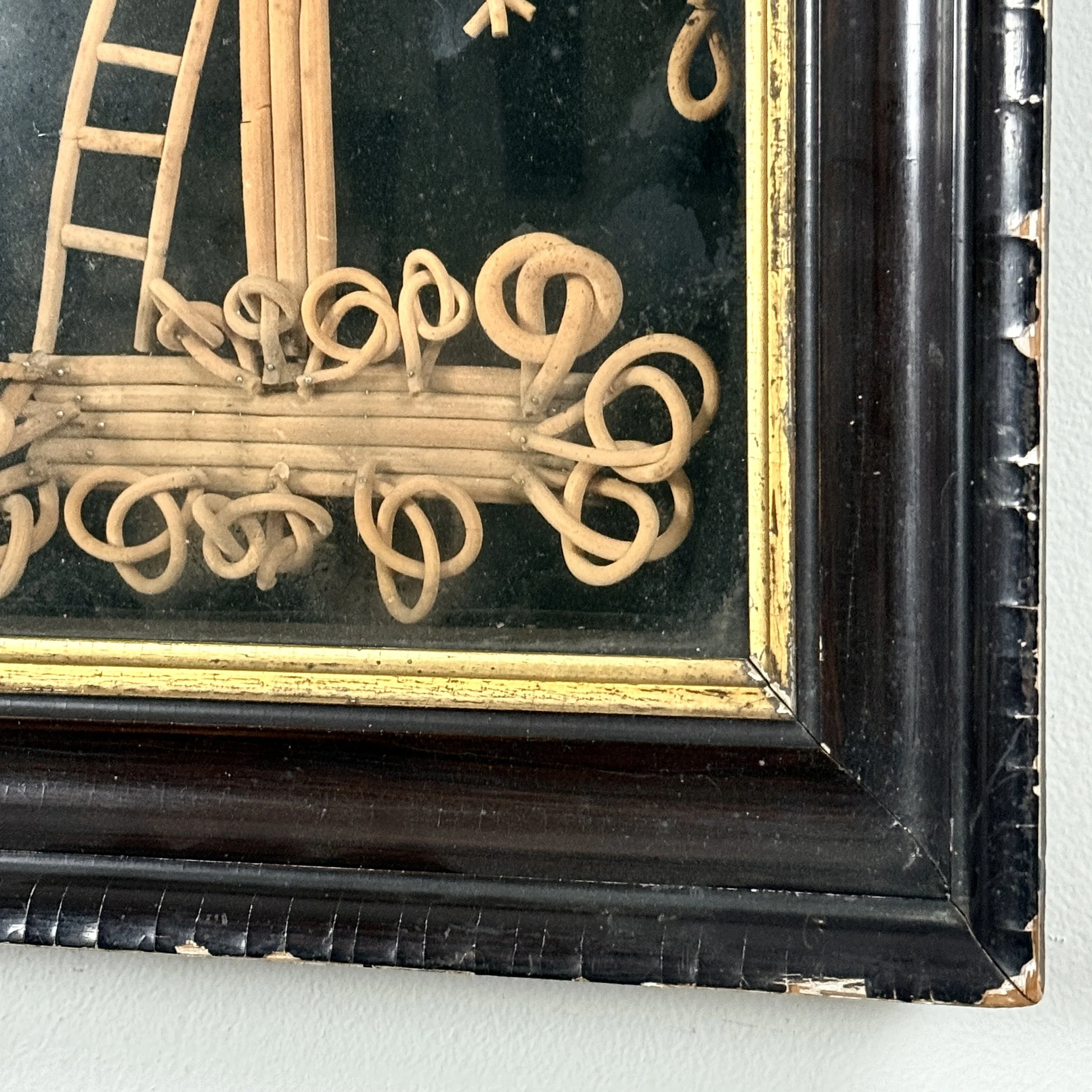 Antique folk art bentwood crucifix diorama shadowbox, framed