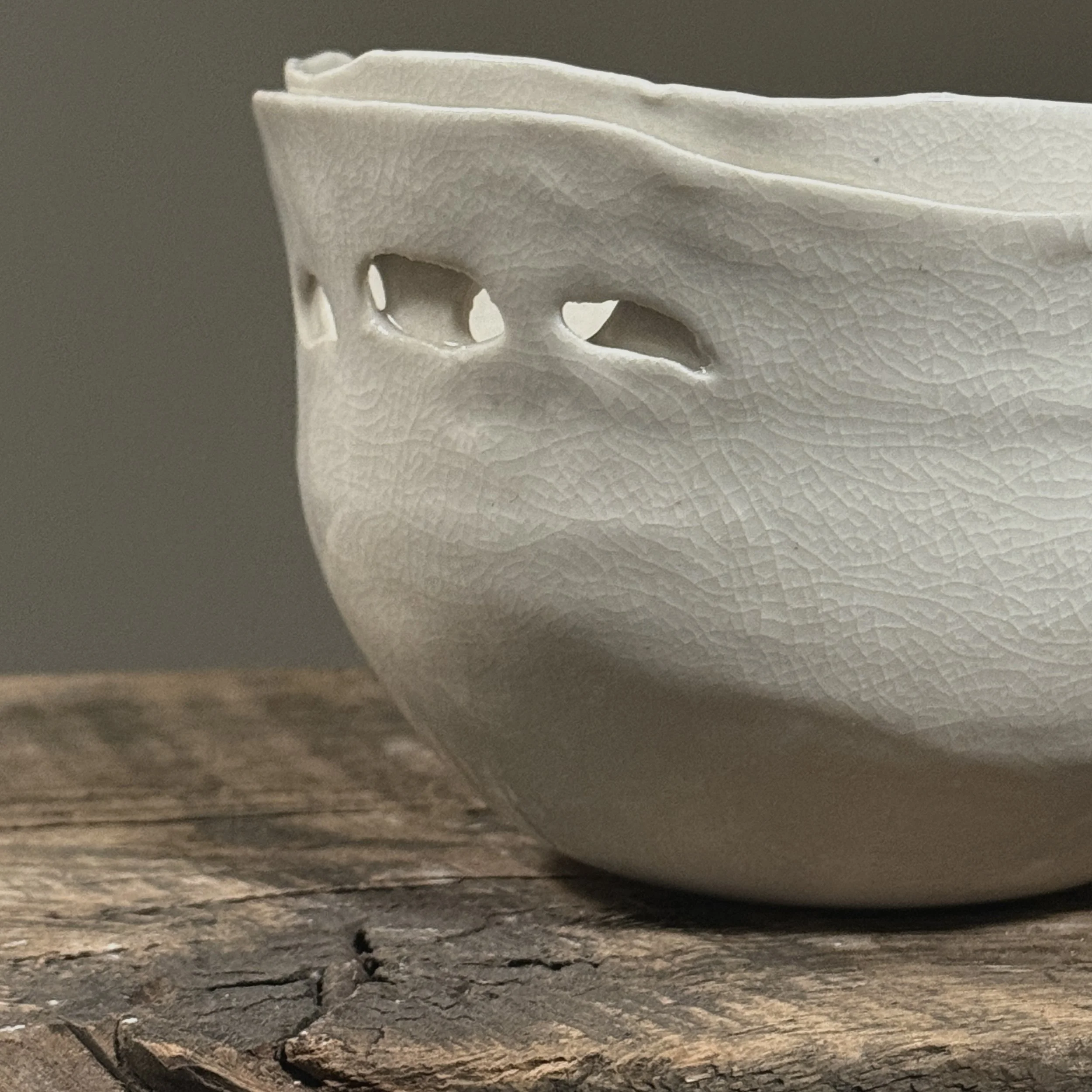 Vintage sculptural ceramic bowl with crackle glaze surface