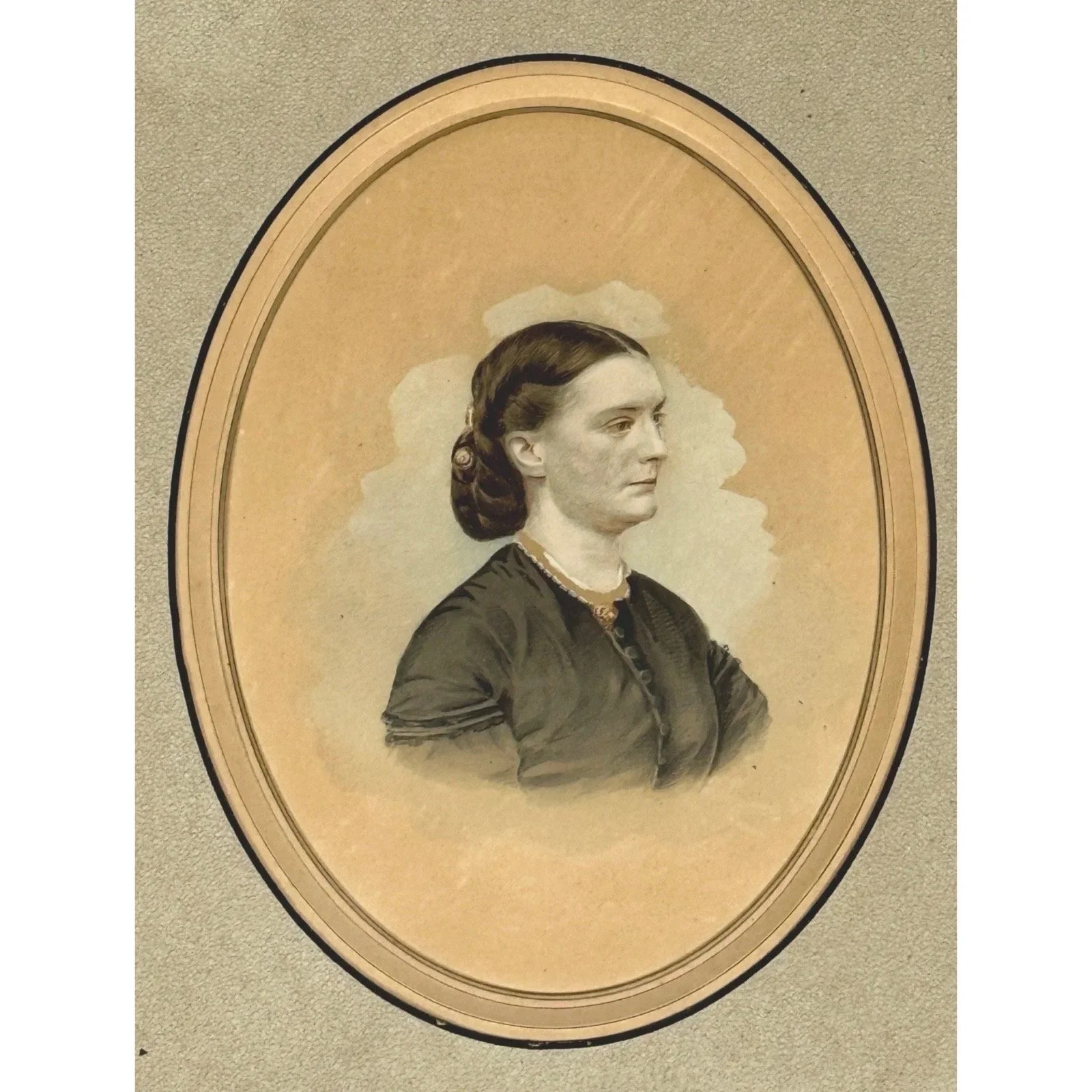 Antique oval gouache portrait of Clara Barton on a beige mat.