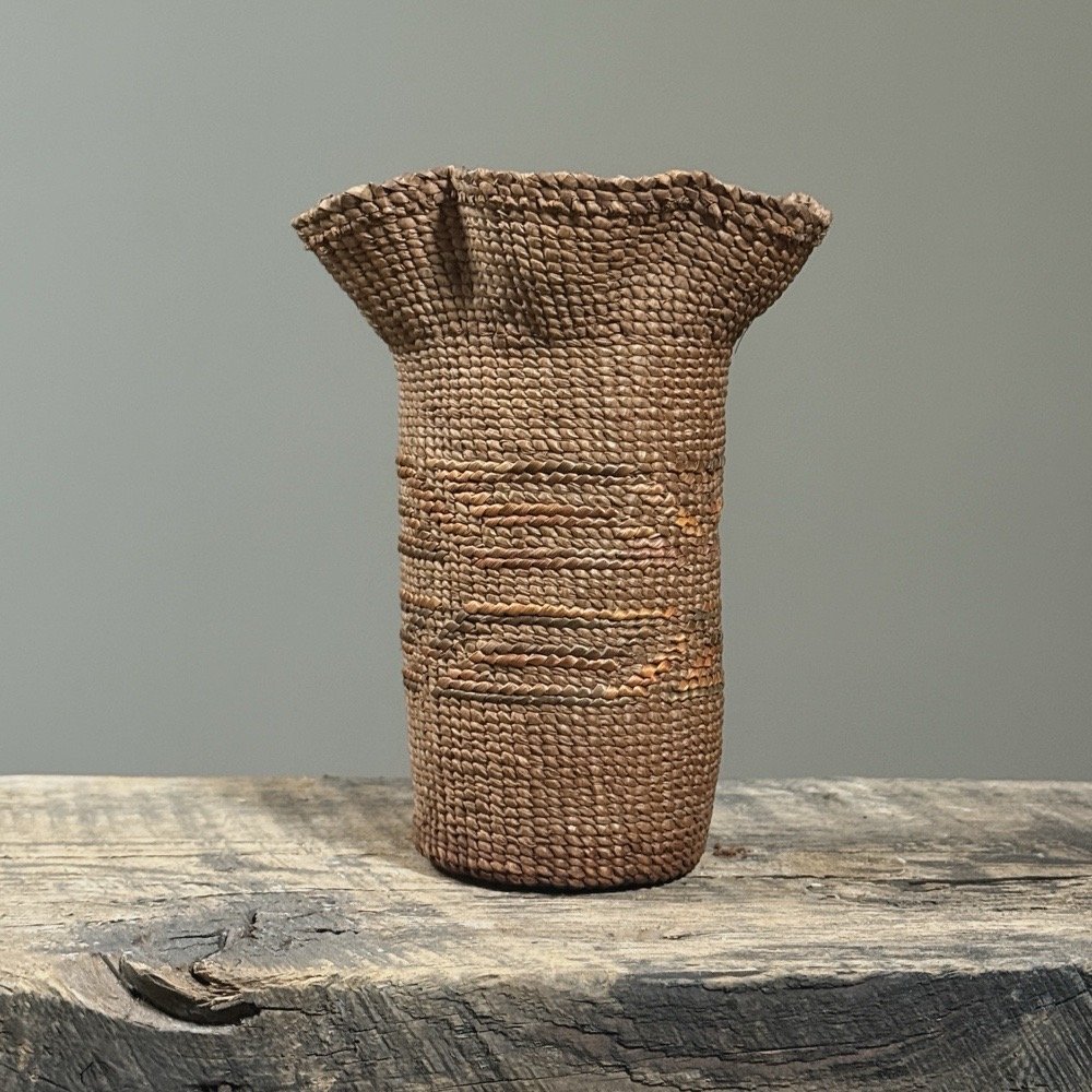 Antique Tlingit cedar bark basket with flared ripple rim