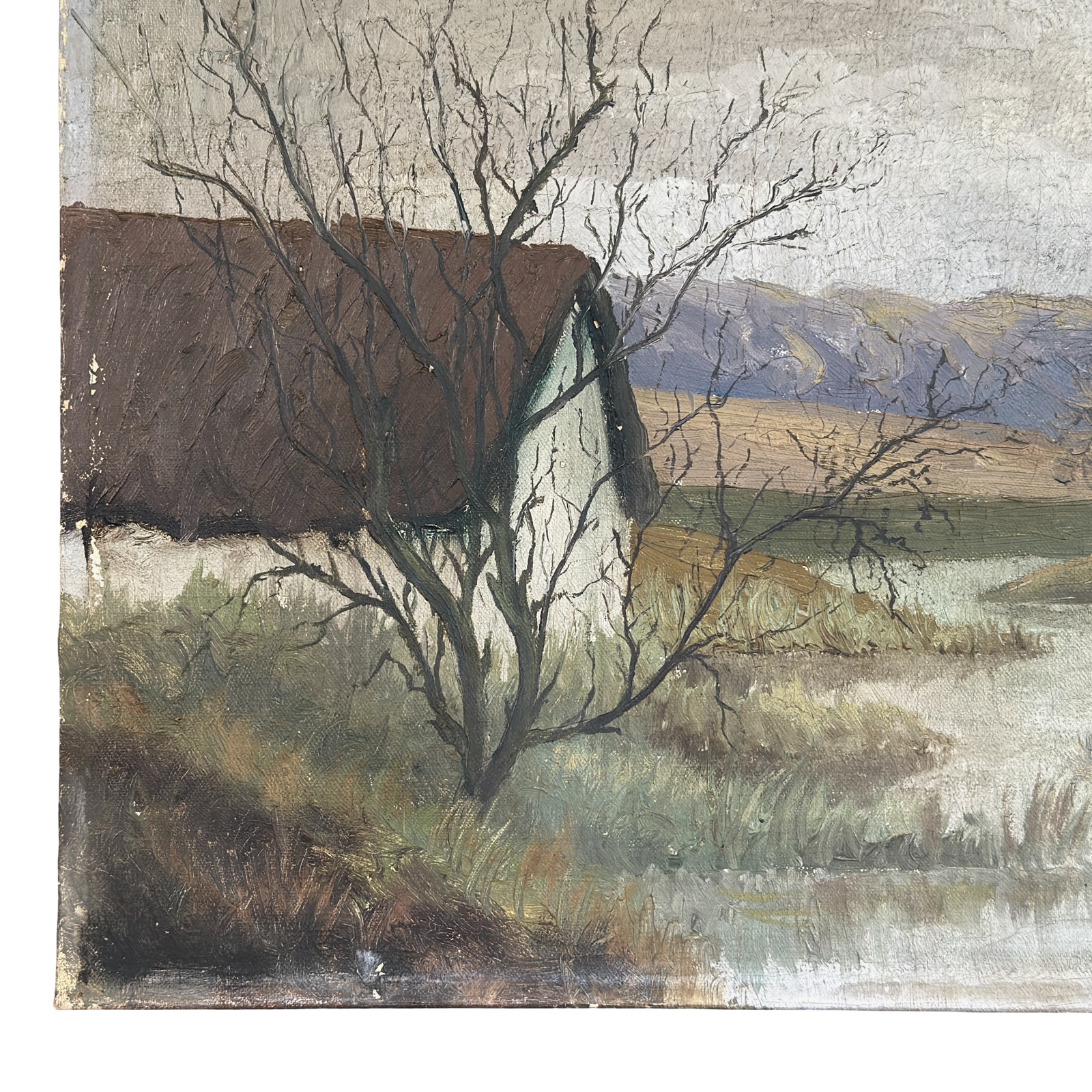 Close-up detail heavily textured paint surface winter landscape cottage river 1930