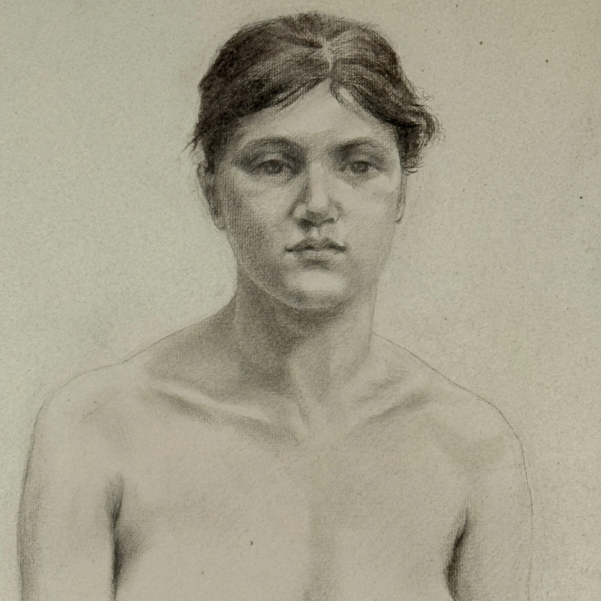 A view focusing on the sitter's head and shoulders, illustrating the academic approach to anatomical structure.