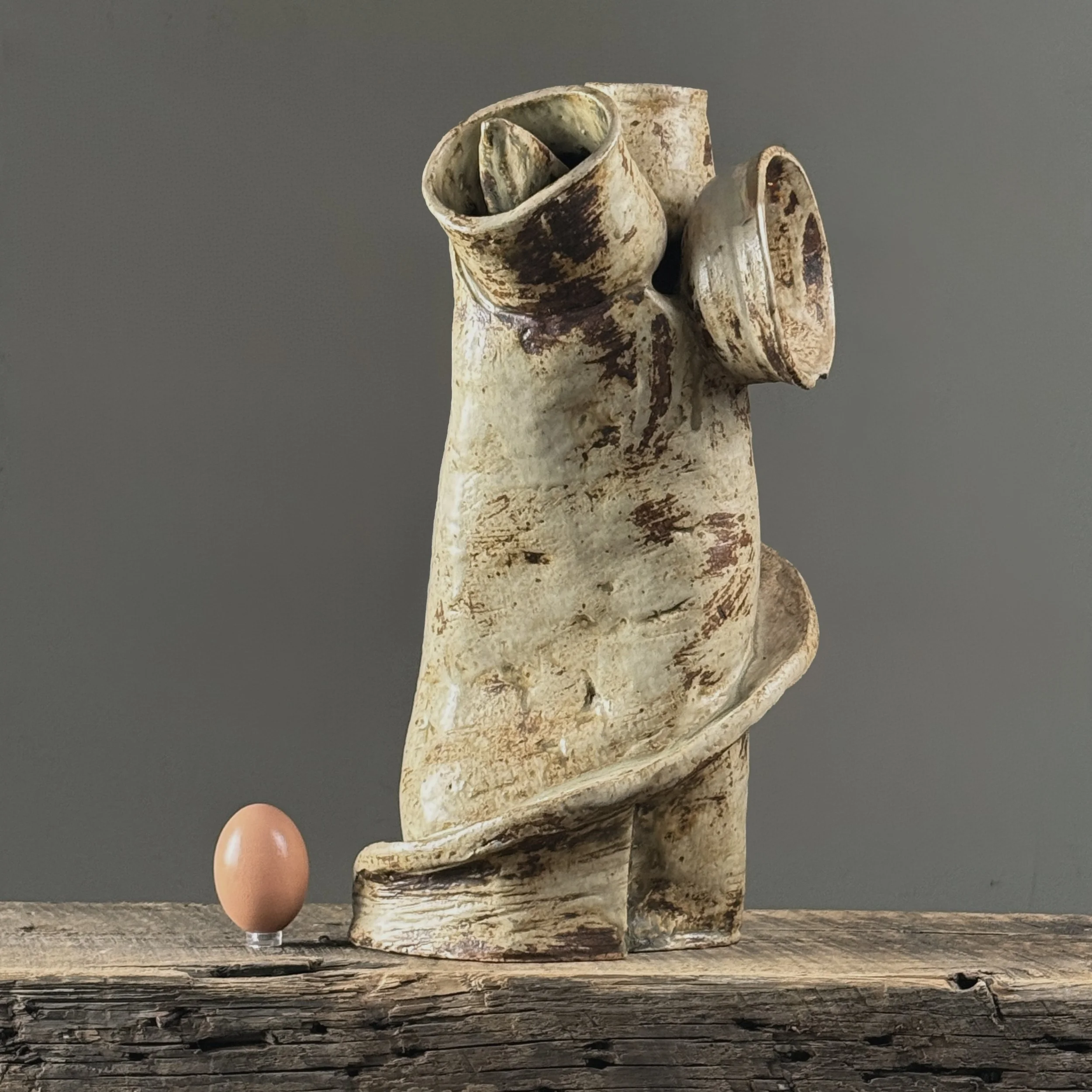 Vintage Brutalist beige glazed ceramic sculpture with three cups