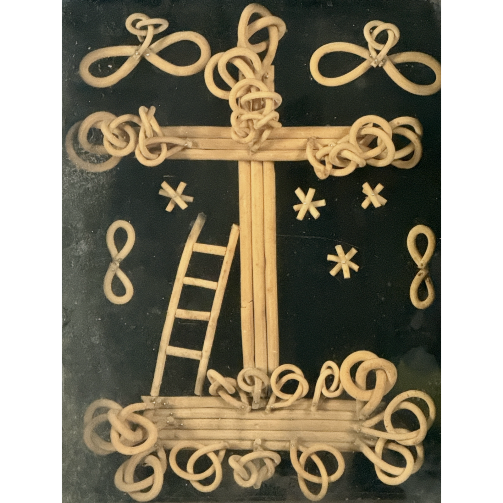 Antique folk art bentwood crucifix diorama shadowbox, framed
