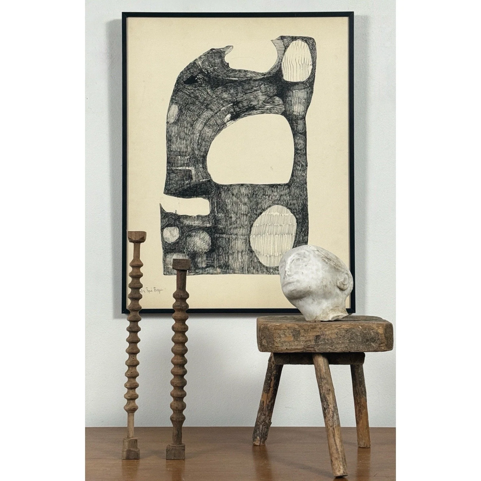 Environmental shot of the framed Louis-René Berge drawing in an interior space.