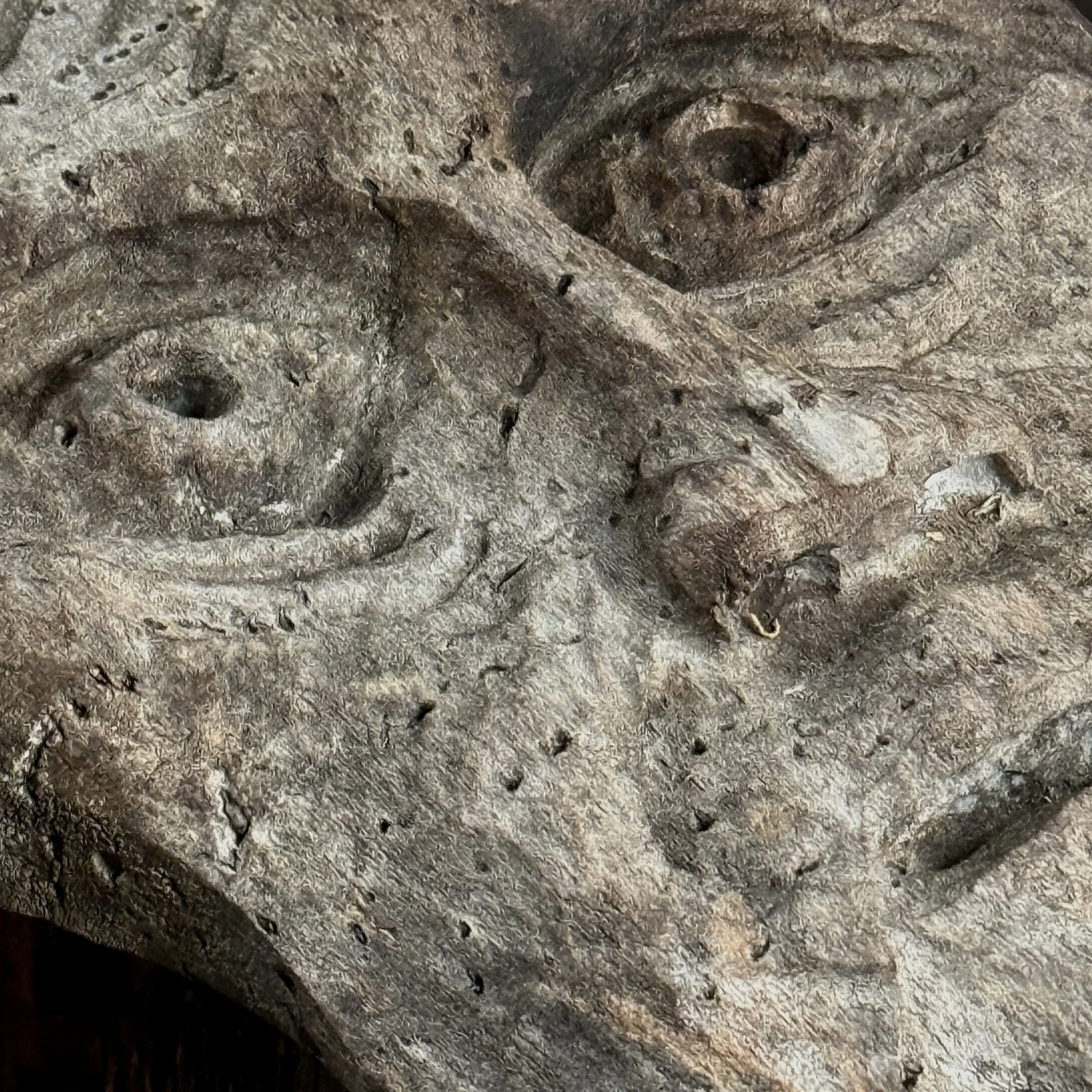 Grey washed patina detail, folk art wood sculpture