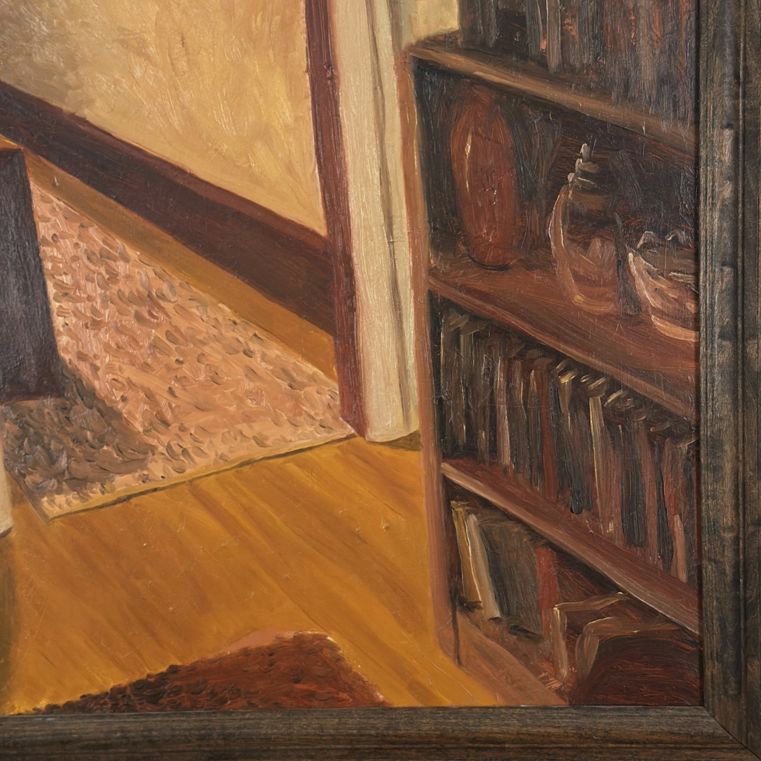 Expressionist interior painting, dimly lit room, lamp and bookshelf, J.D. Sine