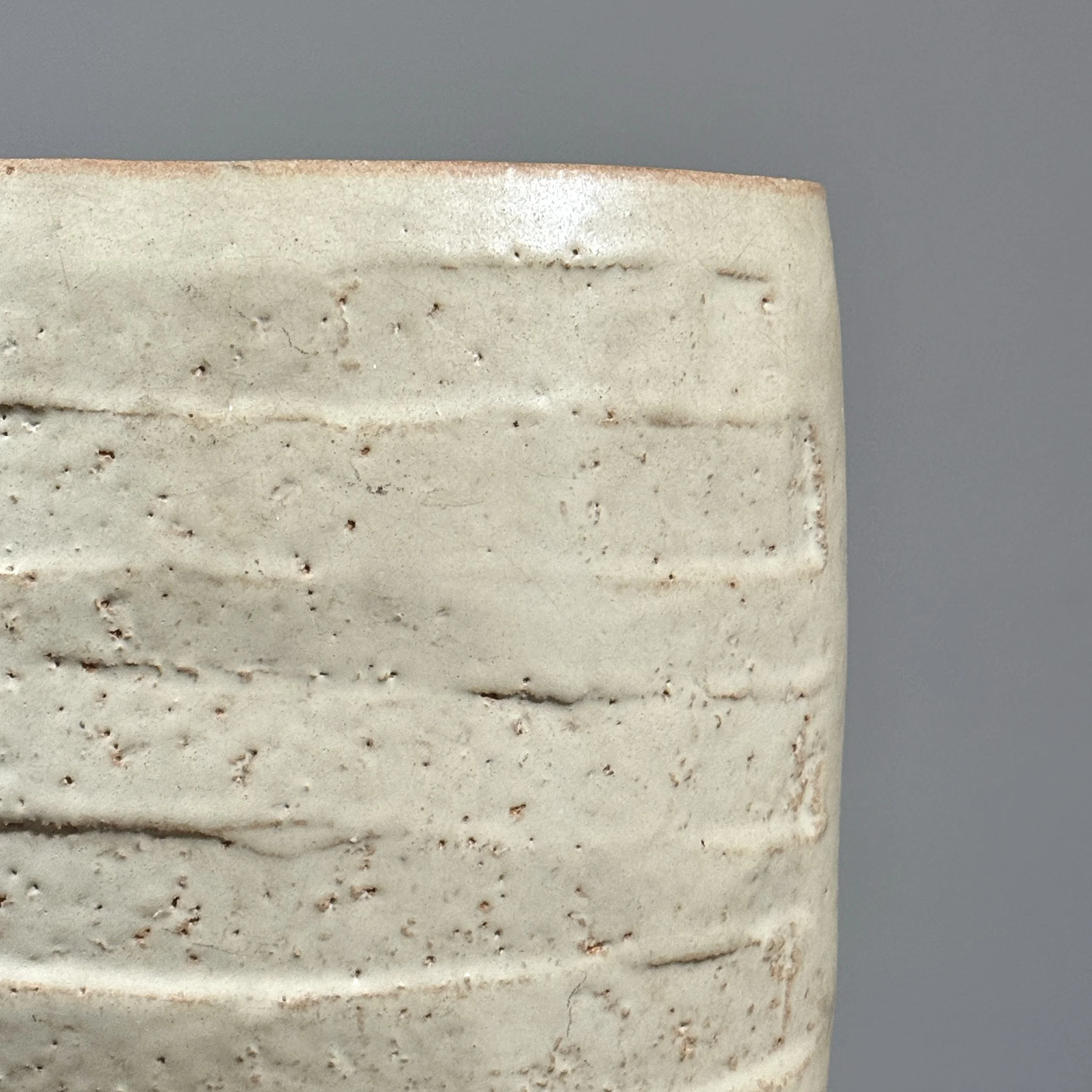 Vintage Modernist Japanese oval Shino glazed stoneware vase, signed