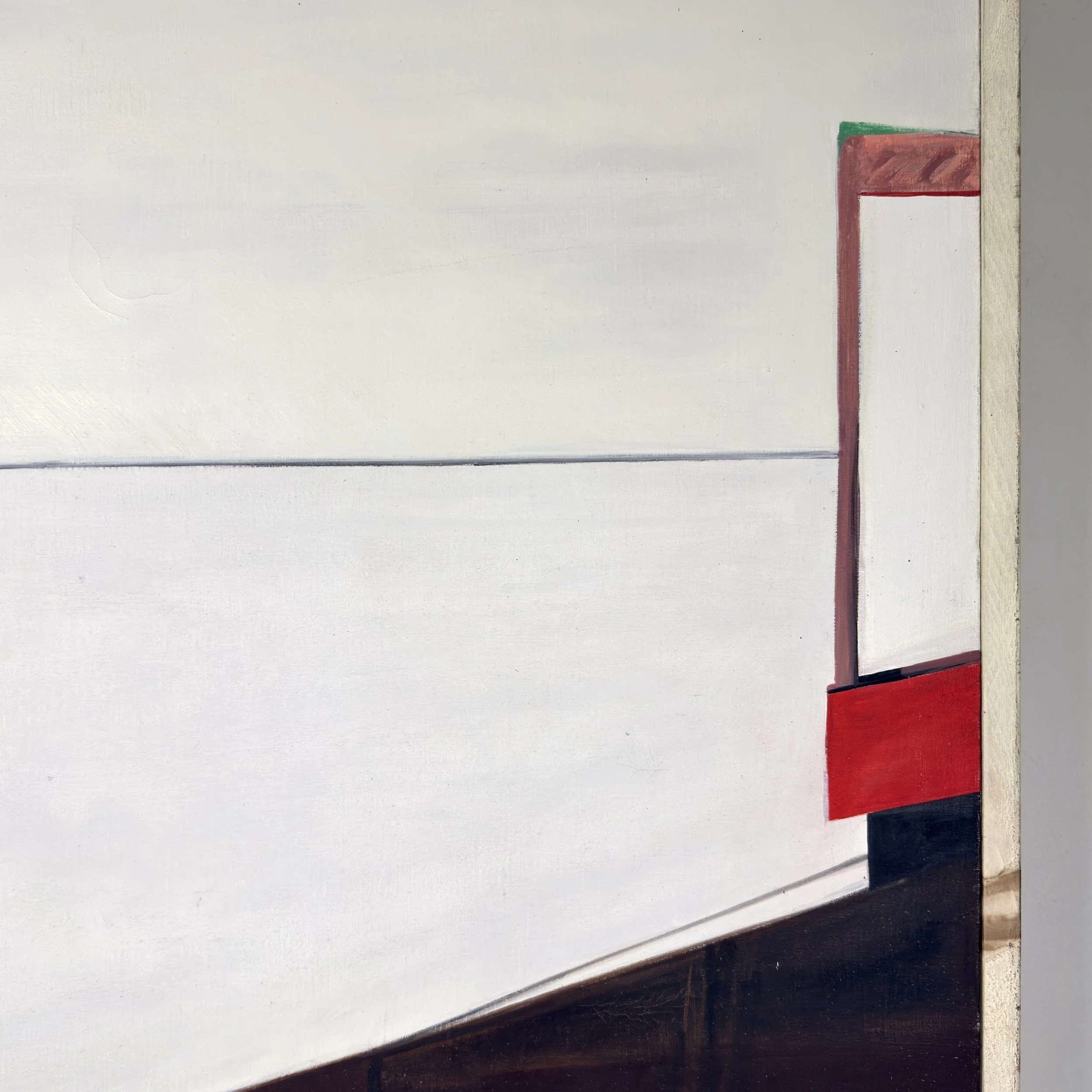 Frame detail, weathered white slats, scratches and paint chips, reclaimed wood