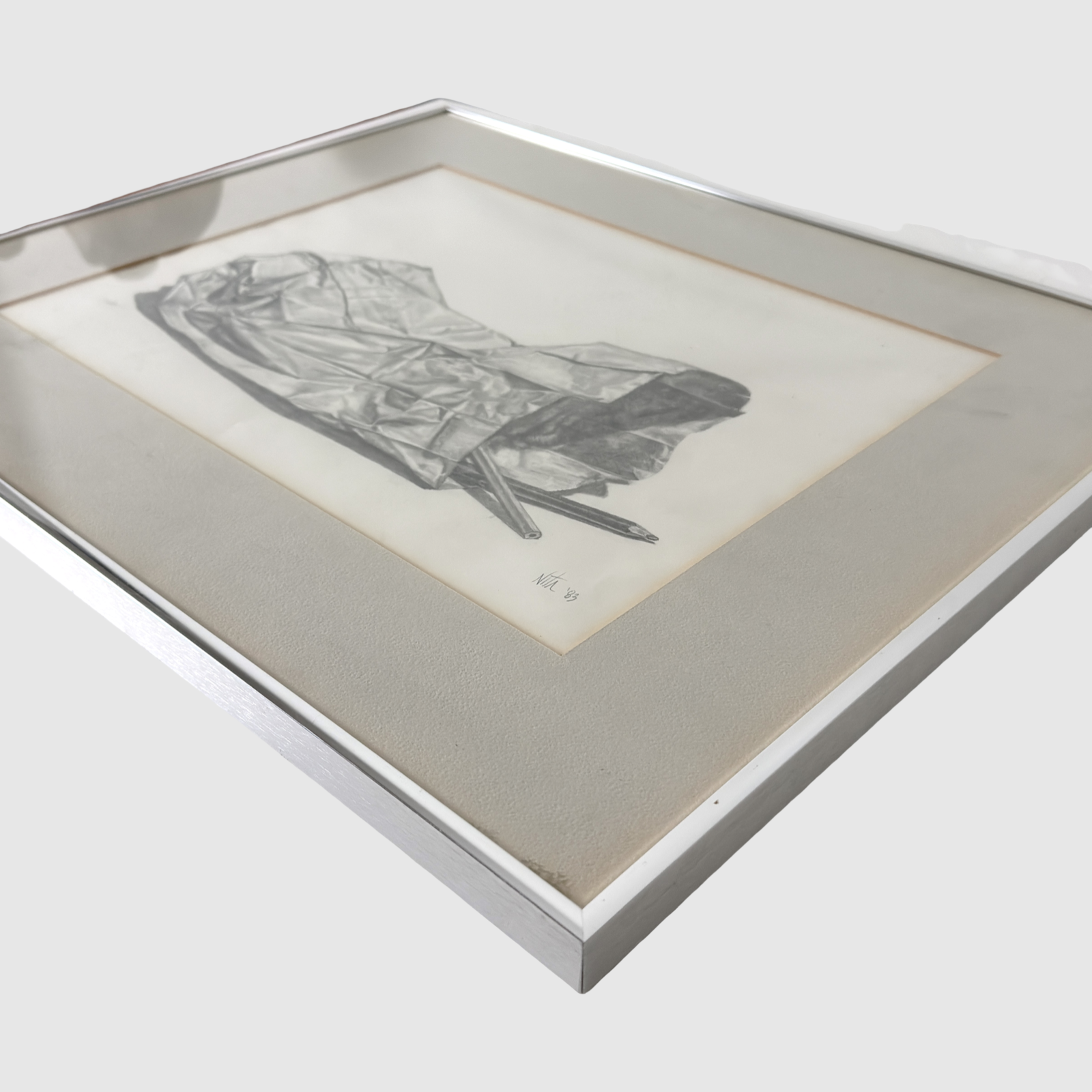 Vintage Hyperrealist drawing of a paper bag and pencils, signed