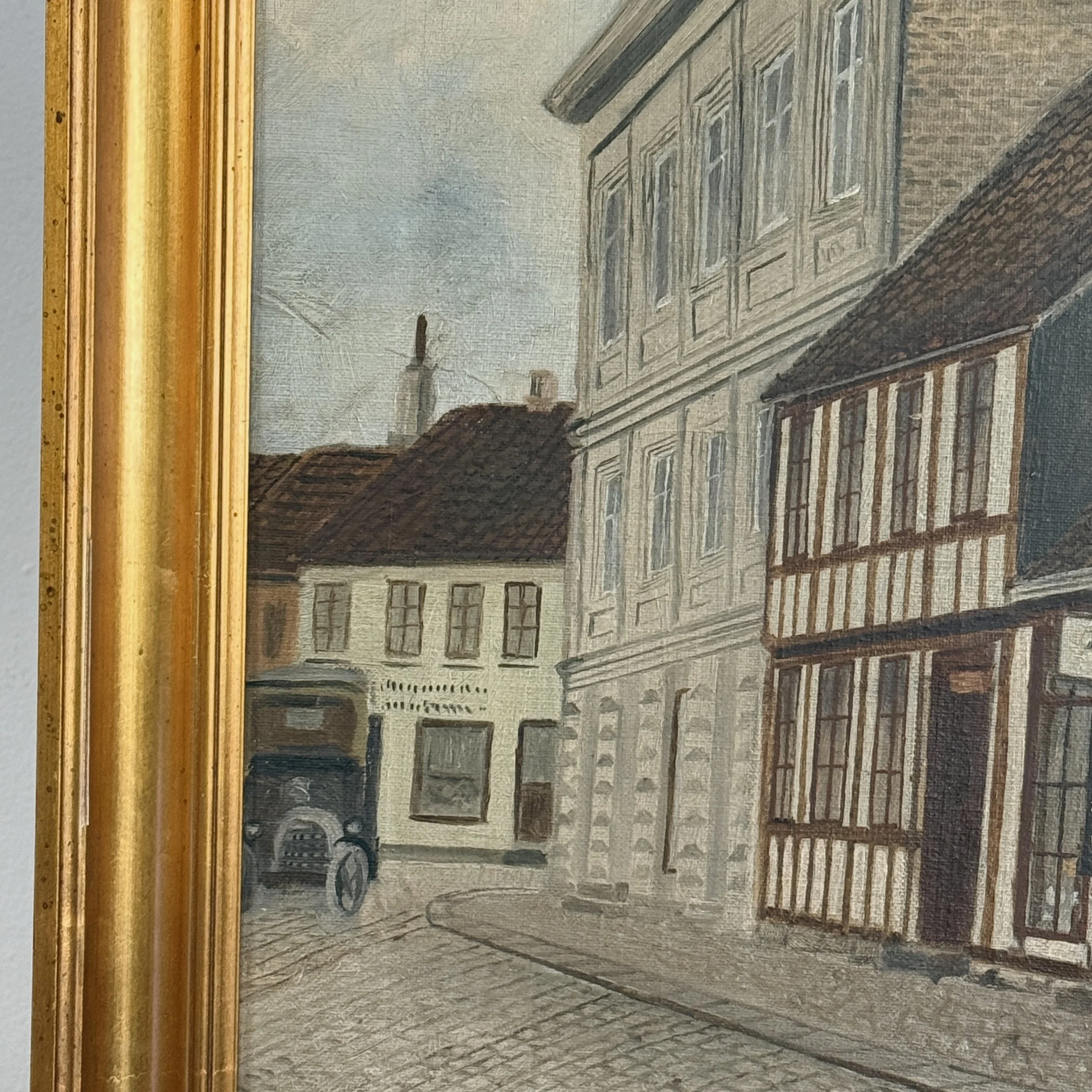 Detail view of street and architecture in antique Danish Folk Art cityscape, oil on canvas