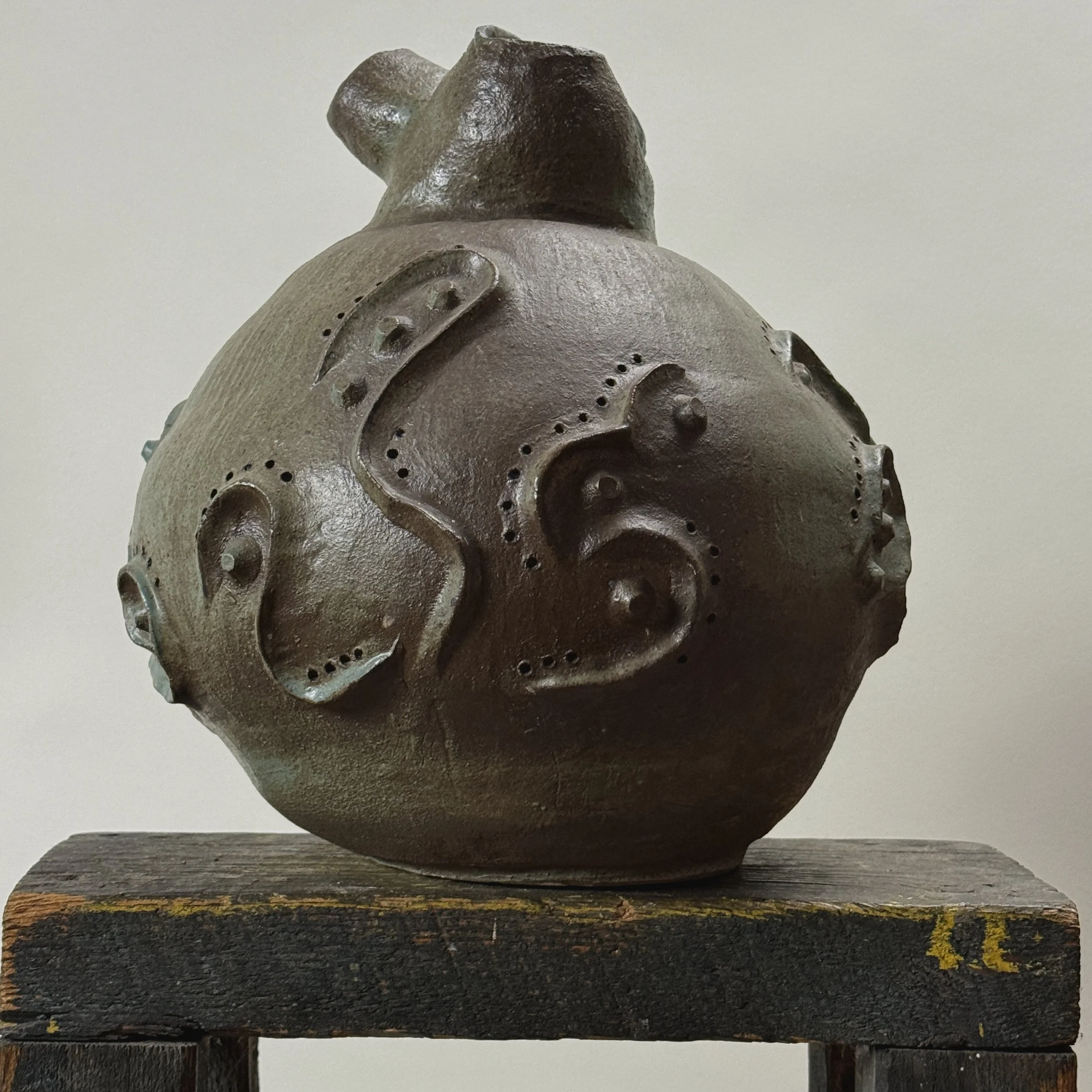 Monumental signed modernist stoneware vessel with three sculptural spouts.