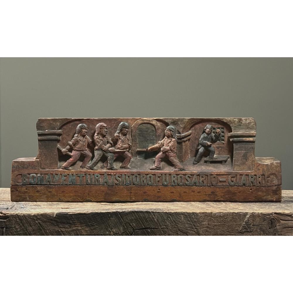 Antique hand carved Sicilian bas-relief wood sculpture. Four men sword fighting. 17.38 inches wide.