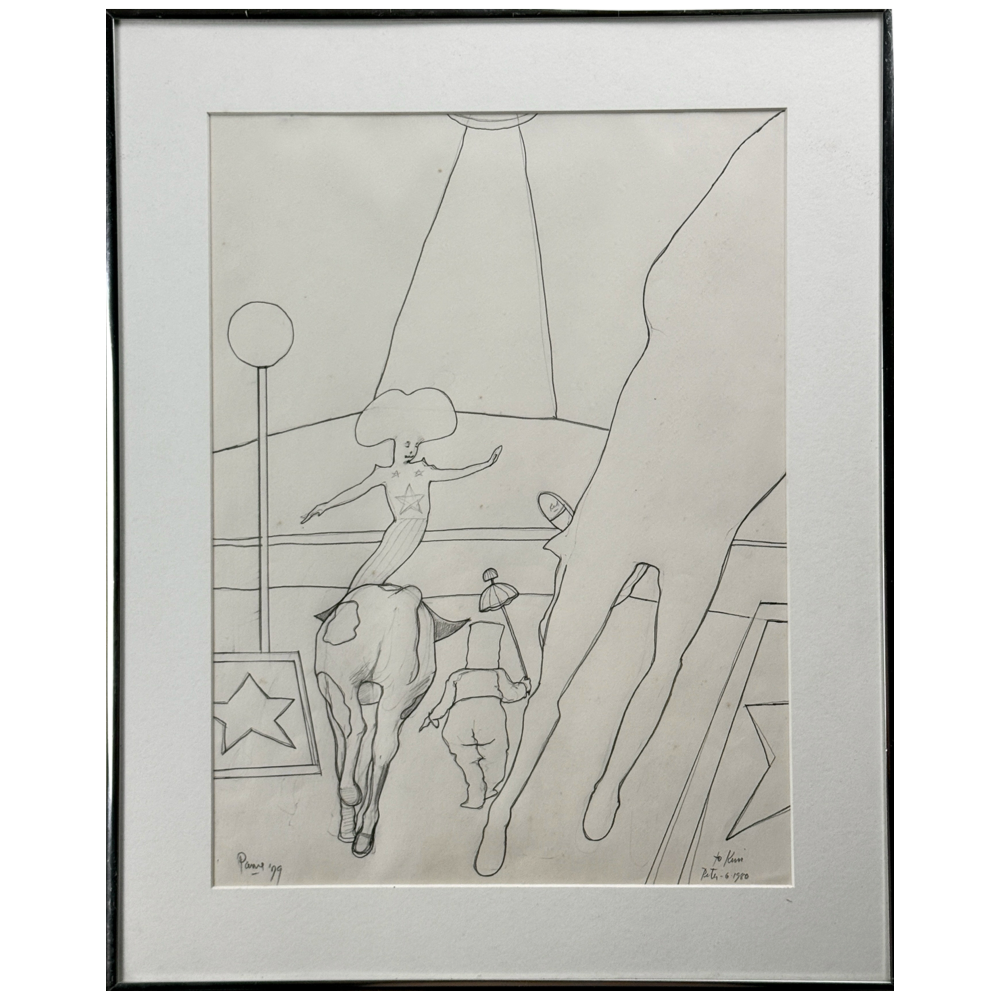 Peter Paone surrealist circus ink sketch. 1979. Signed. 20.25 by 16.25 inches framed.