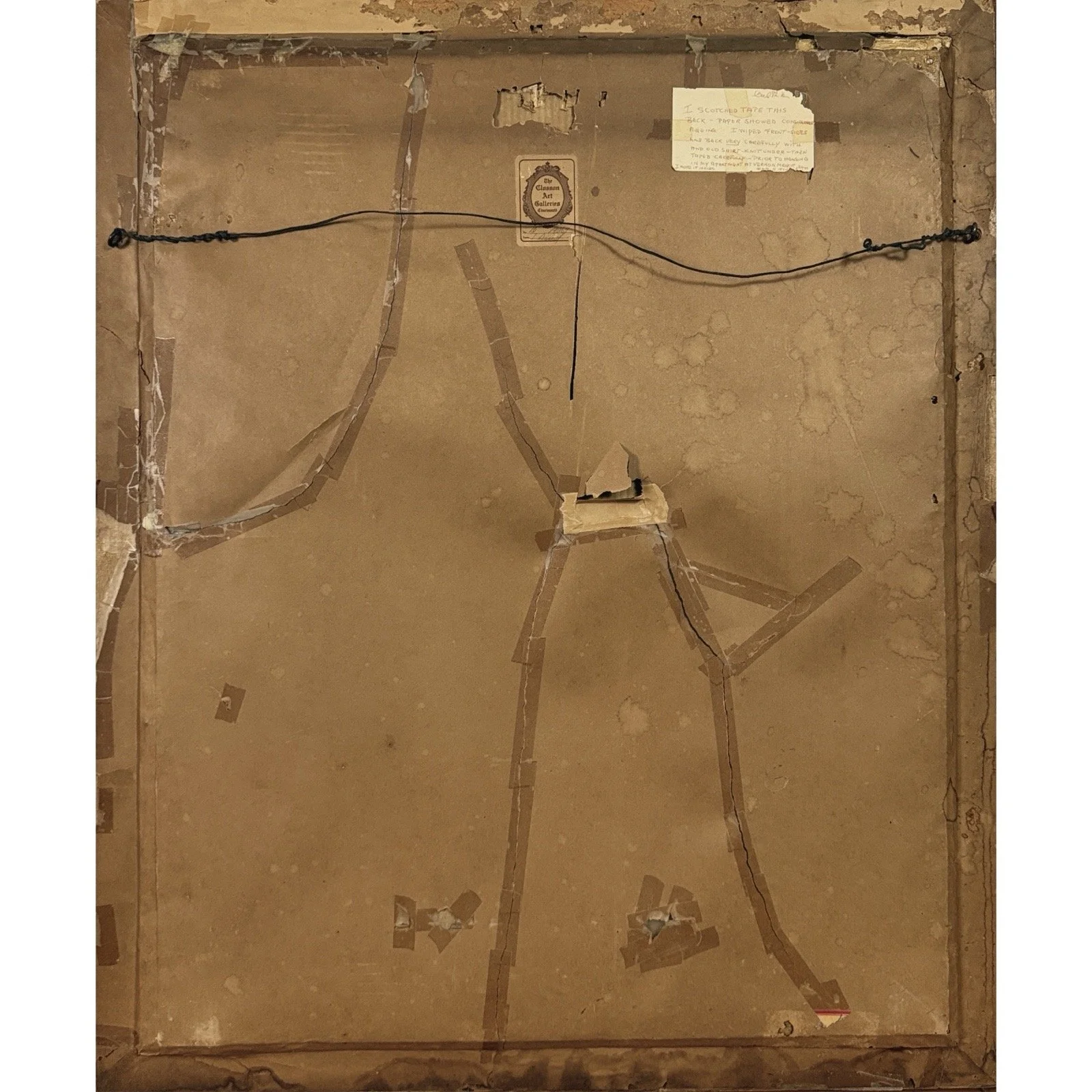 Reverse of the painting, showing, labels, and historical markings.