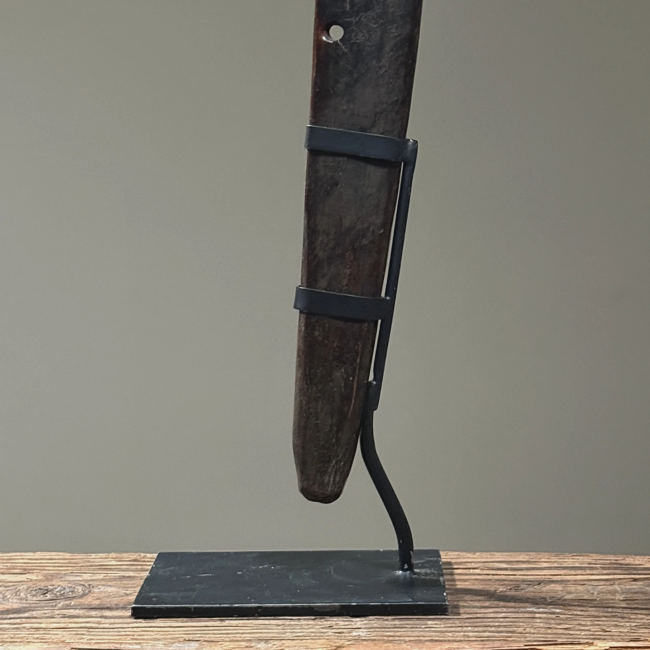 Custom stand. Wood base. Supports scepter vertically.
