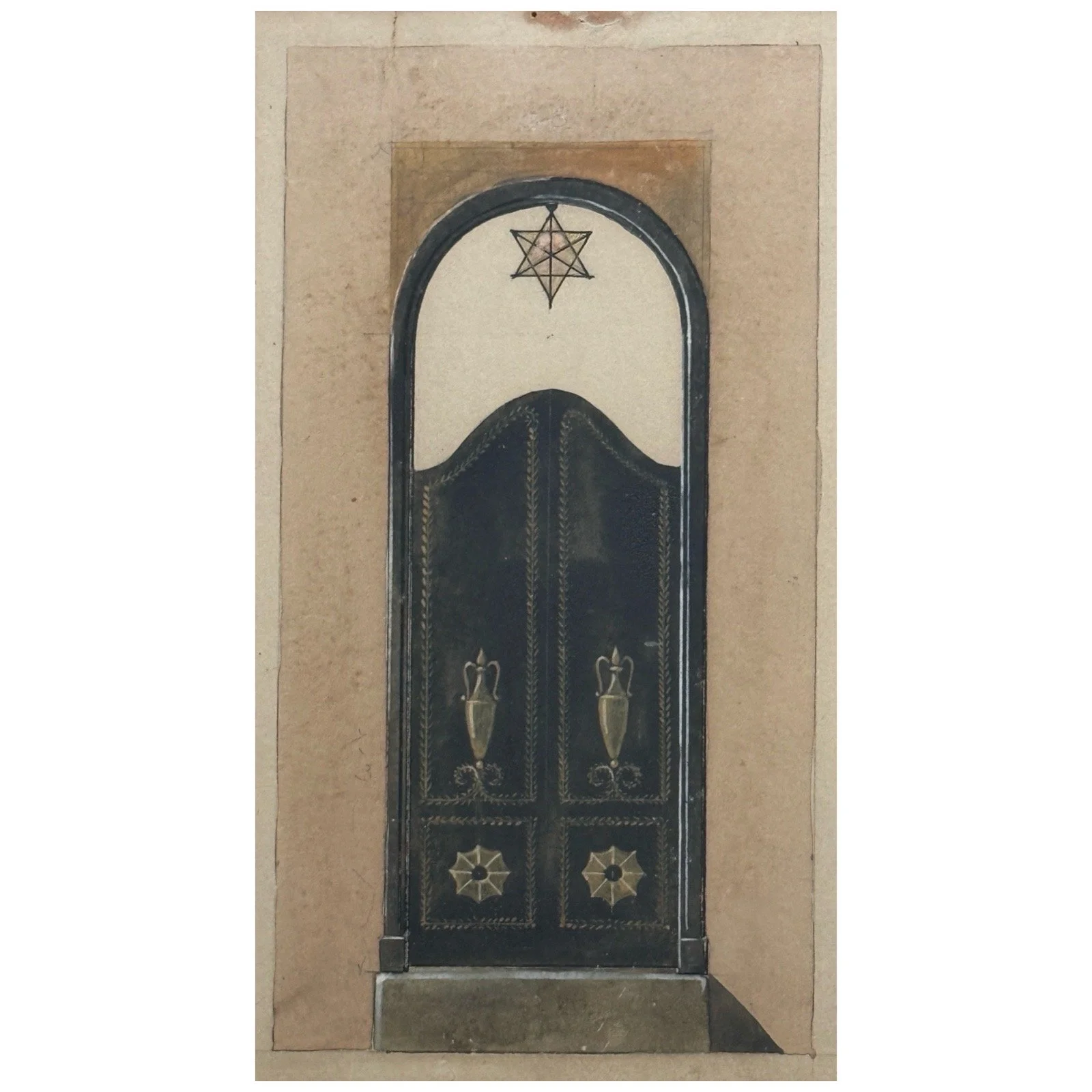 Central double door with urn motifs and star light from French watercolor study