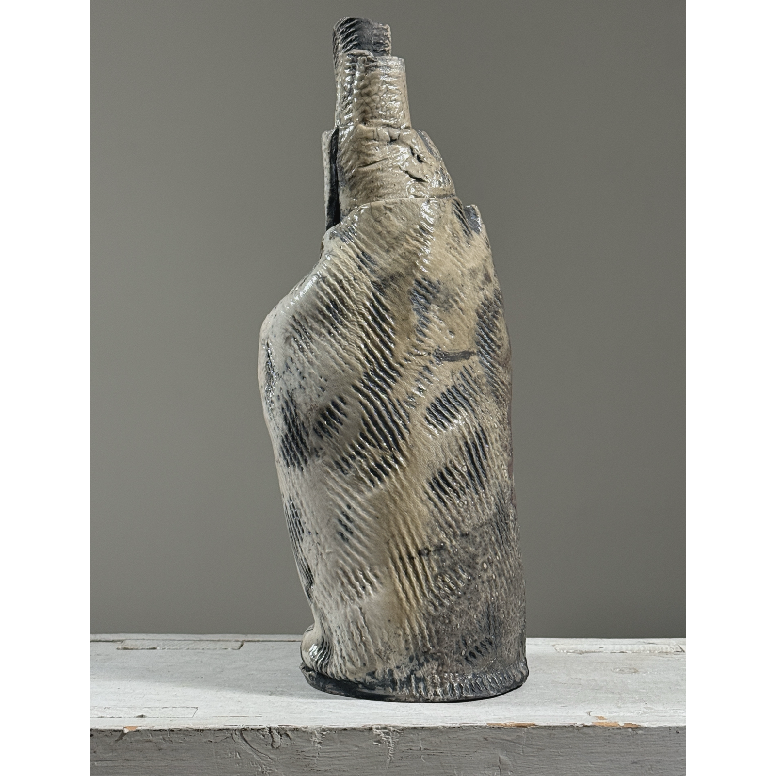 Vintage Brutalist Expressionist wood fired slab built crackle glaze vase